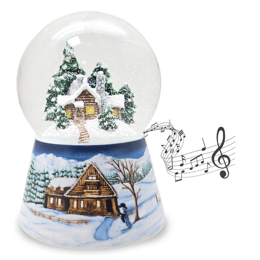 Nostalgische Schneekugel Verschneite Winterhütte auf Winterlandschaft mittelblau 100 mm Durchmesser mit Spieluhr - Schneekugelhaus