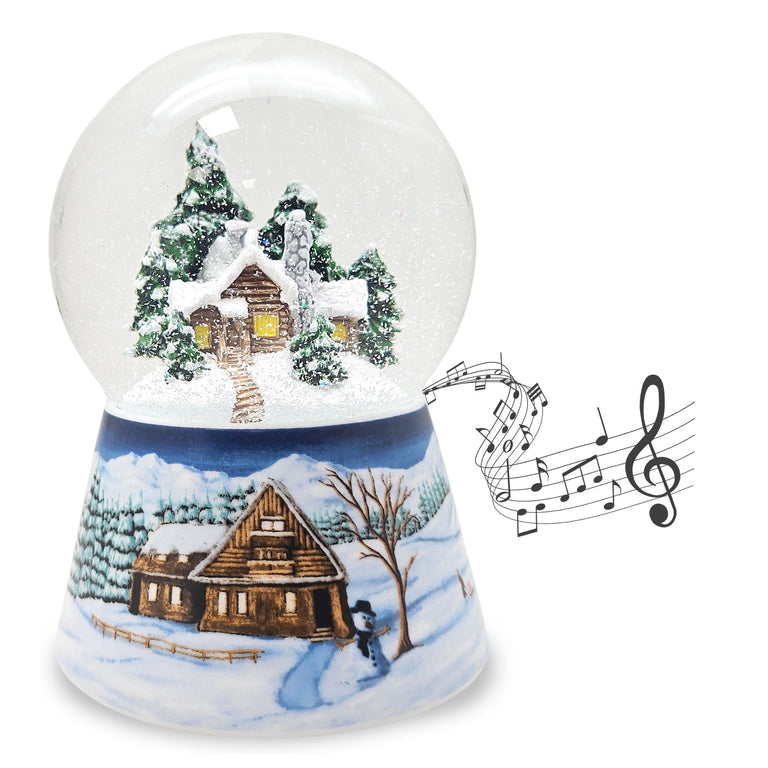 Nostalgische Schneekugel Verschneite Winterhütte auf Winterlandschaft mittelblau 100 mm Durchmesser mit Spieluhr - Schneekugelhaus