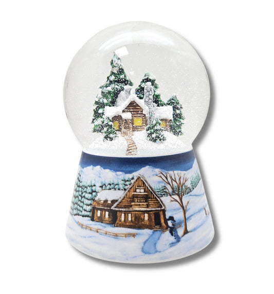 Nostalgische Schneekugel Verschneite Winterhütte auf Winterlandschaft mittelblau 100 mm Durchmesser mit Spieluhr - Schneekugelhaus