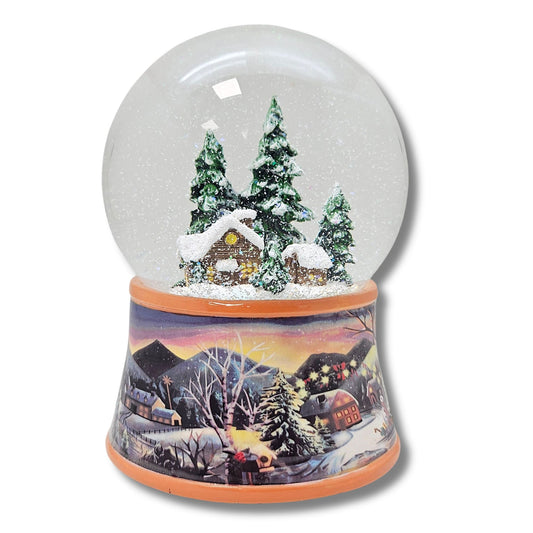 Nostalgische Schneekugel Verschneite Winterhütte auf Winterlandschaft Ocker 100 mm Durchmesser mit Spieluhr - Schneekugelhaus
