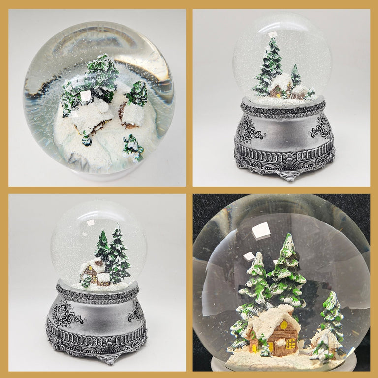 Nostalgische Schneekugel Verschneite Winterhütte auf Zinnsockel 100 mm Durchmesser mit Spieluhr - Schneekugelhaus