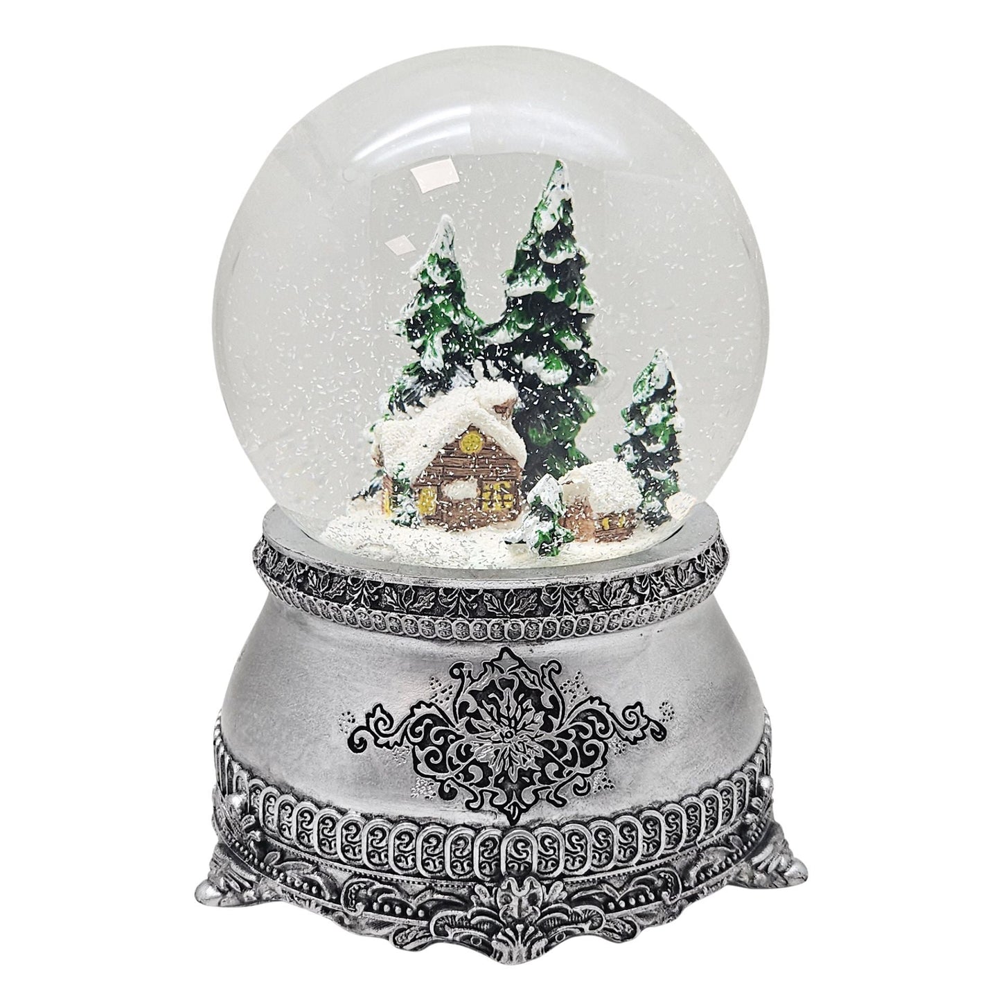 Nostalgische Schneekugel Verschneite Winterhütte auf Zinnsockel 100 mm Durchmesser mit Spieluhr - Schneekugelhaus