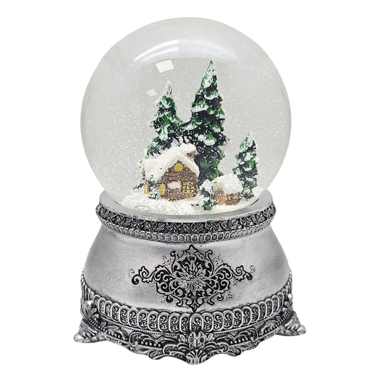 Nostalgische Schneekugel Verschneite Winterhütte auf Zinnsockel 100 mm Durchmesser mit Spieluhr - Schneekugelhaus