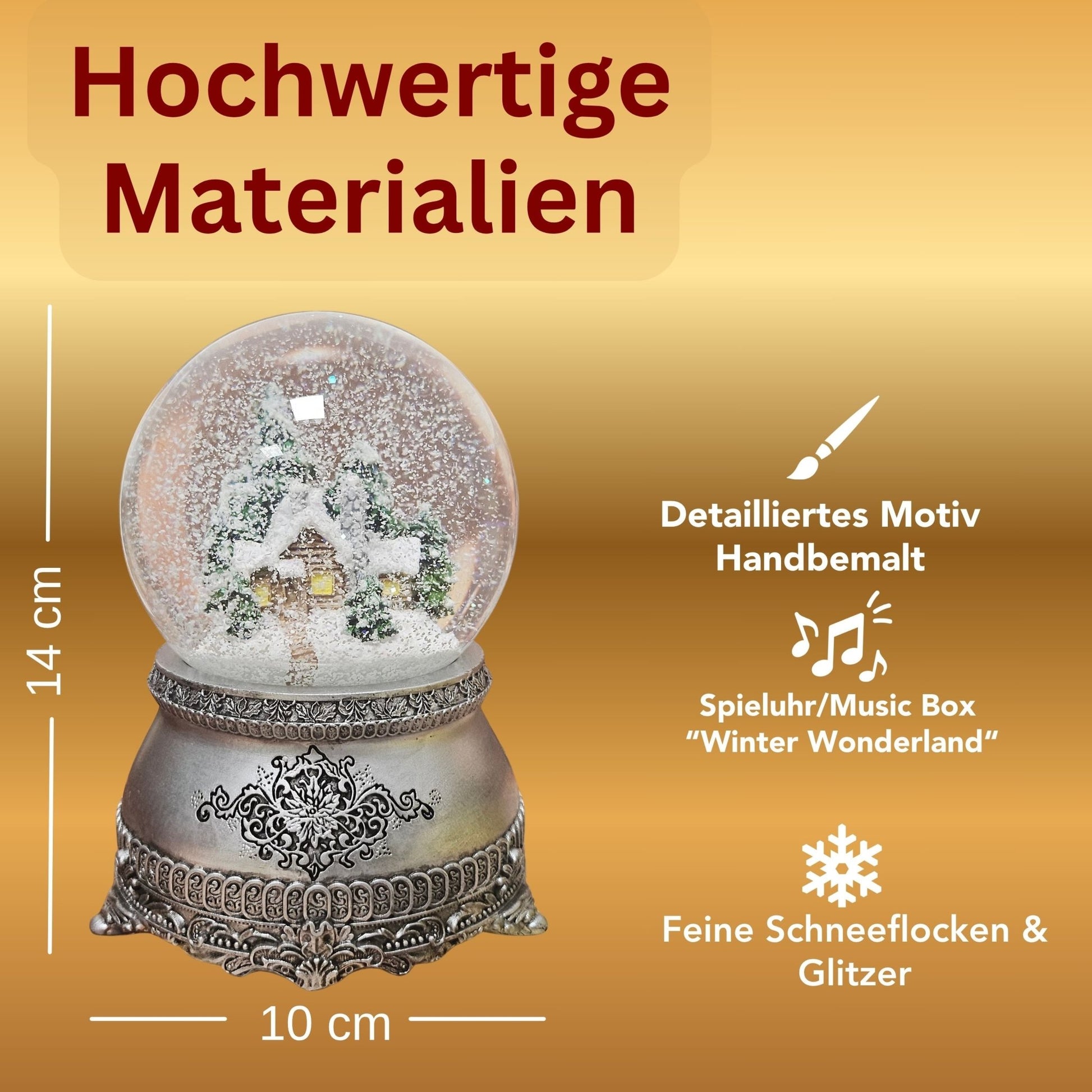 Nostalgische Schneekugel Verschneite Winterhütte auf Zinnsockel 100 mm Durchmesser mit Spieluhr - Schneekugelhaus