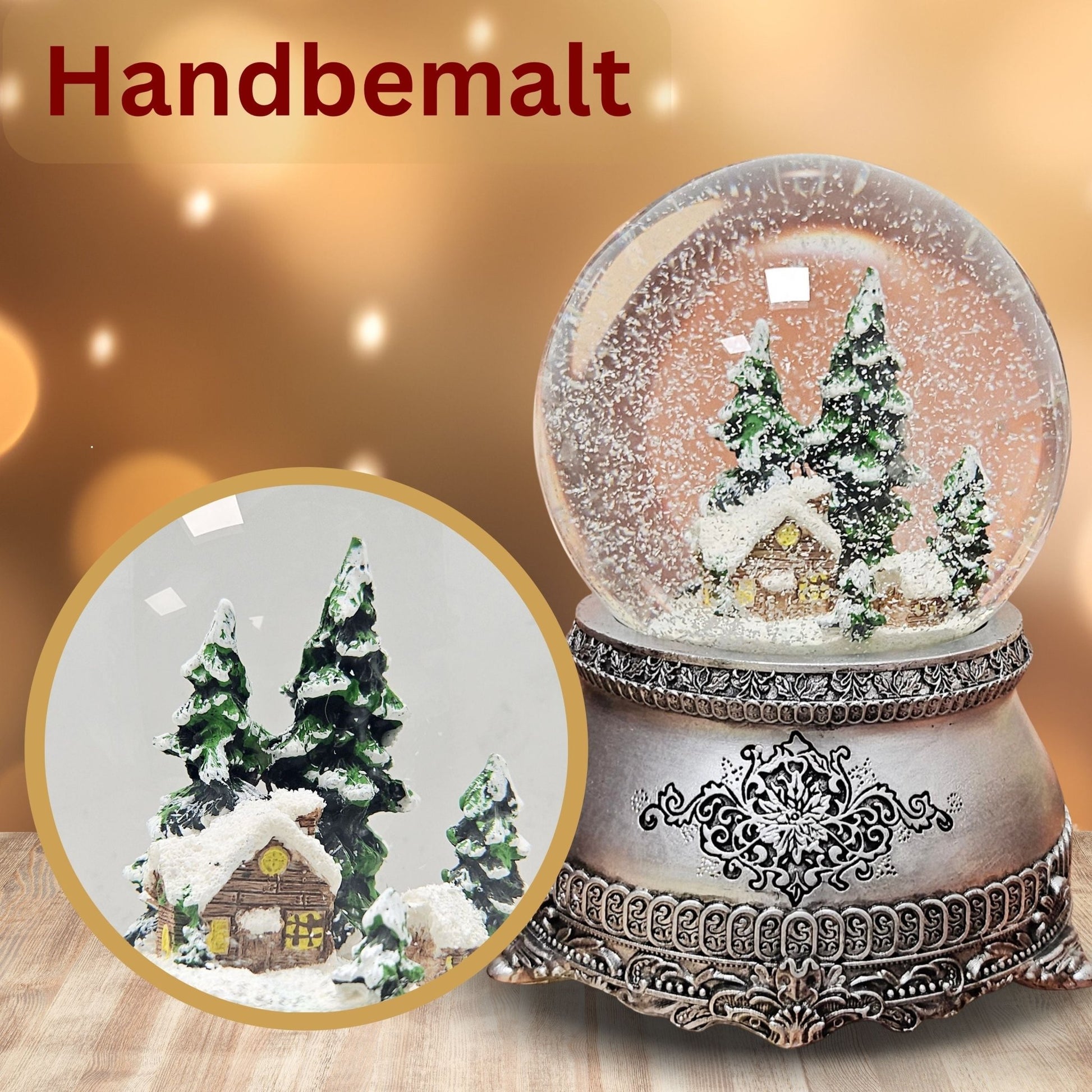 Nostalgische Schneekugel Verschneite Winterhütte auf Zinnsockel 100 mm Durchmesser mit Spieluhr - Schneekugelhaus