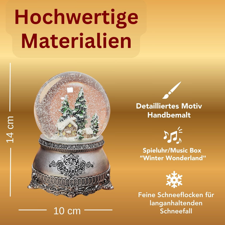 Nostalgische Schneekugel Verschneite Winterhütte auf Zinnsockel 100 mm Durchmesser mit Spieluhr - Schneekugelhaus