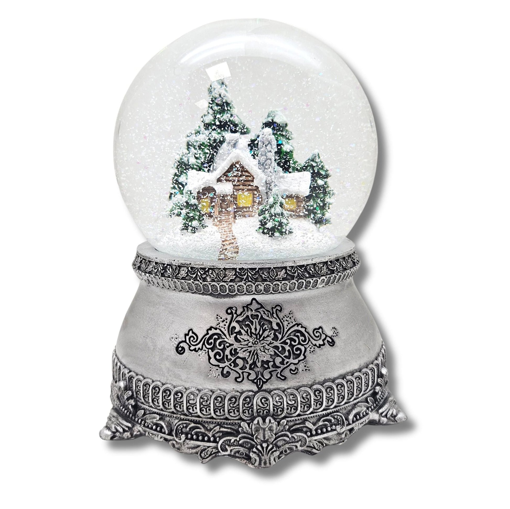Nostalgische Schneekugel Verschneite Winterhütte auf Zinnsockel 100 mm Durchmesser mit Spieluhr - Schneekugelhaus