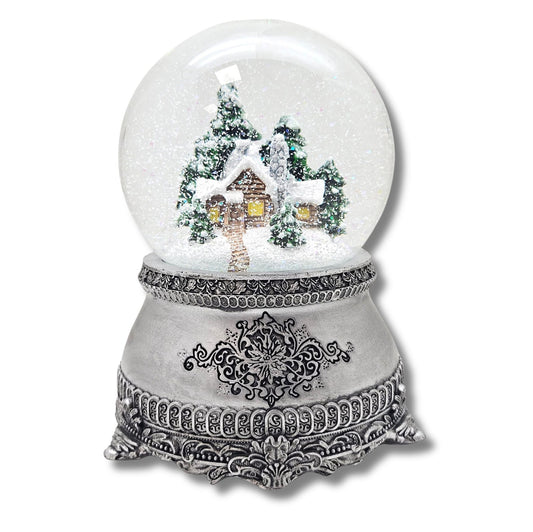 Nostalgische Schneekugel Verschneite Winterhütte auf Zinnsockel 100 mm Durchmesser mit Spieluhr - Schneekugelhaus