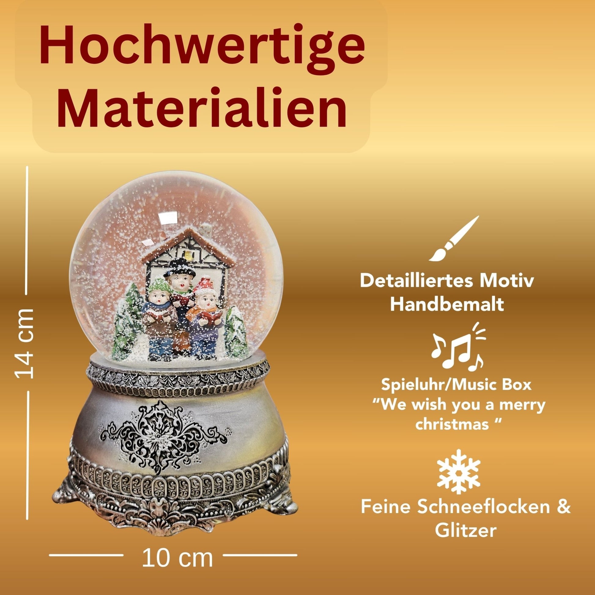 Nostalgische Schneekugel Weihnachtssinger Fachwerkhaus auf Zinnsockel 100 mm Durchmesser mit Spieluhr - Schneekugelhaus