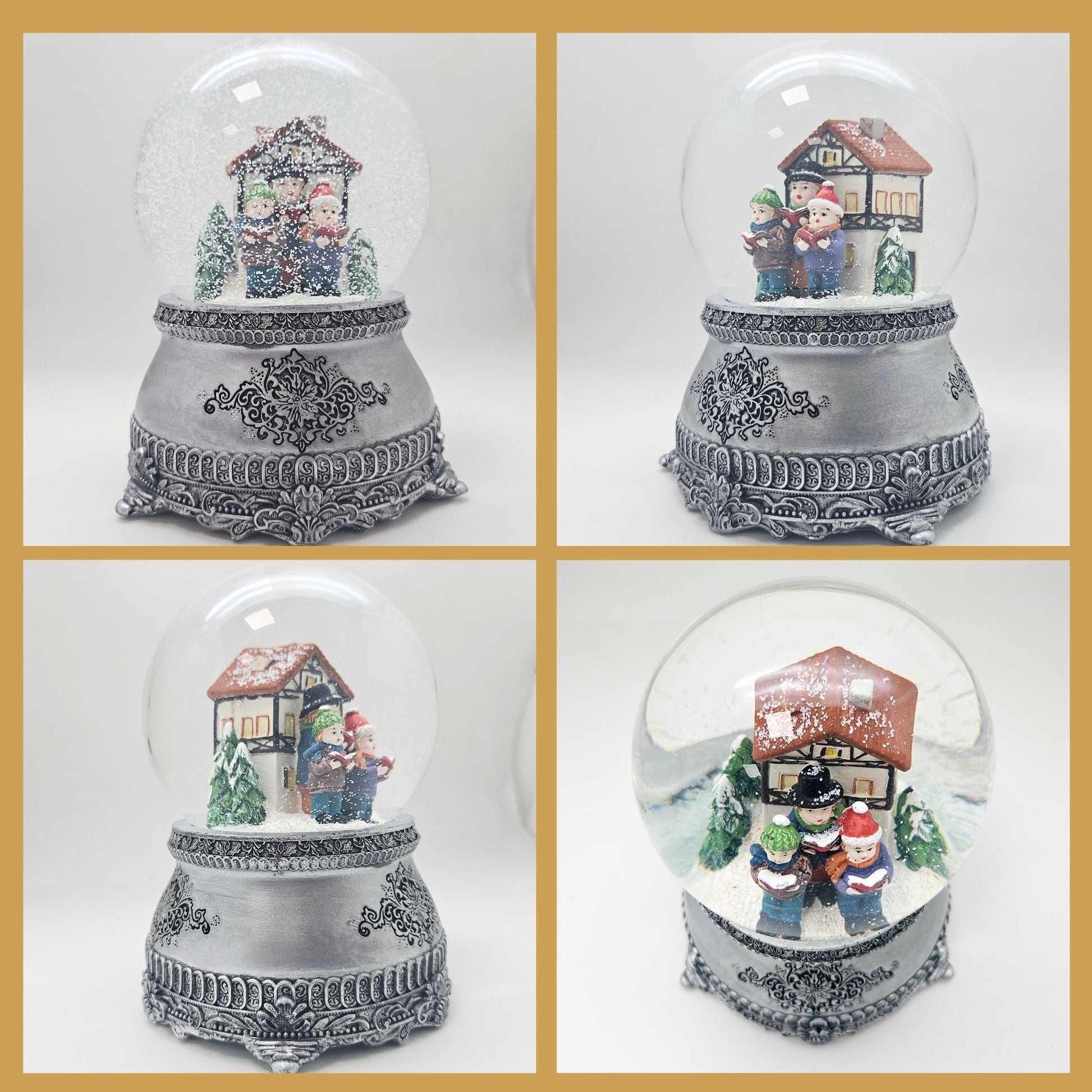 Nostalgische Schneekugel Weihnachtssinger Fachwerkhaus auf Zinnsockel 100 mm Durchmesser mit Spieluhr - Schneekugelhaus