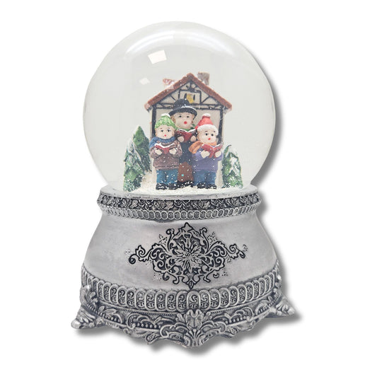 Nostalgische Schneekugel Weihnachtssinger Fachwerkhaus auf Zinnsockel 100 mm Durchmesser mit Spieluhr - Schneekugelhaus