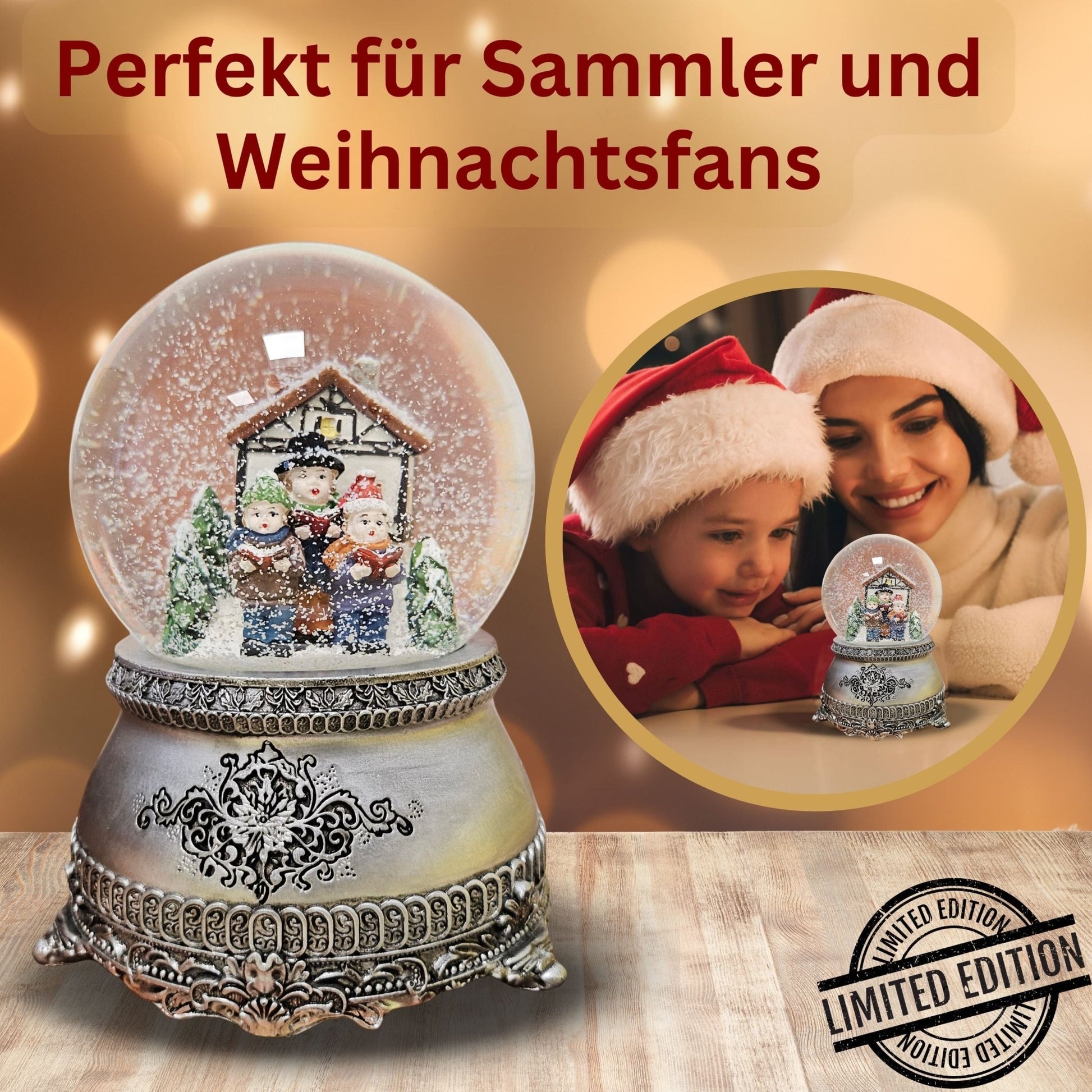 Nostalgische Schneekugel Weihnachtssinger Fachwerkhaus auf Zinnsockel 100 mm Durchmesser mit Spieluhr - Schneekugelhaus