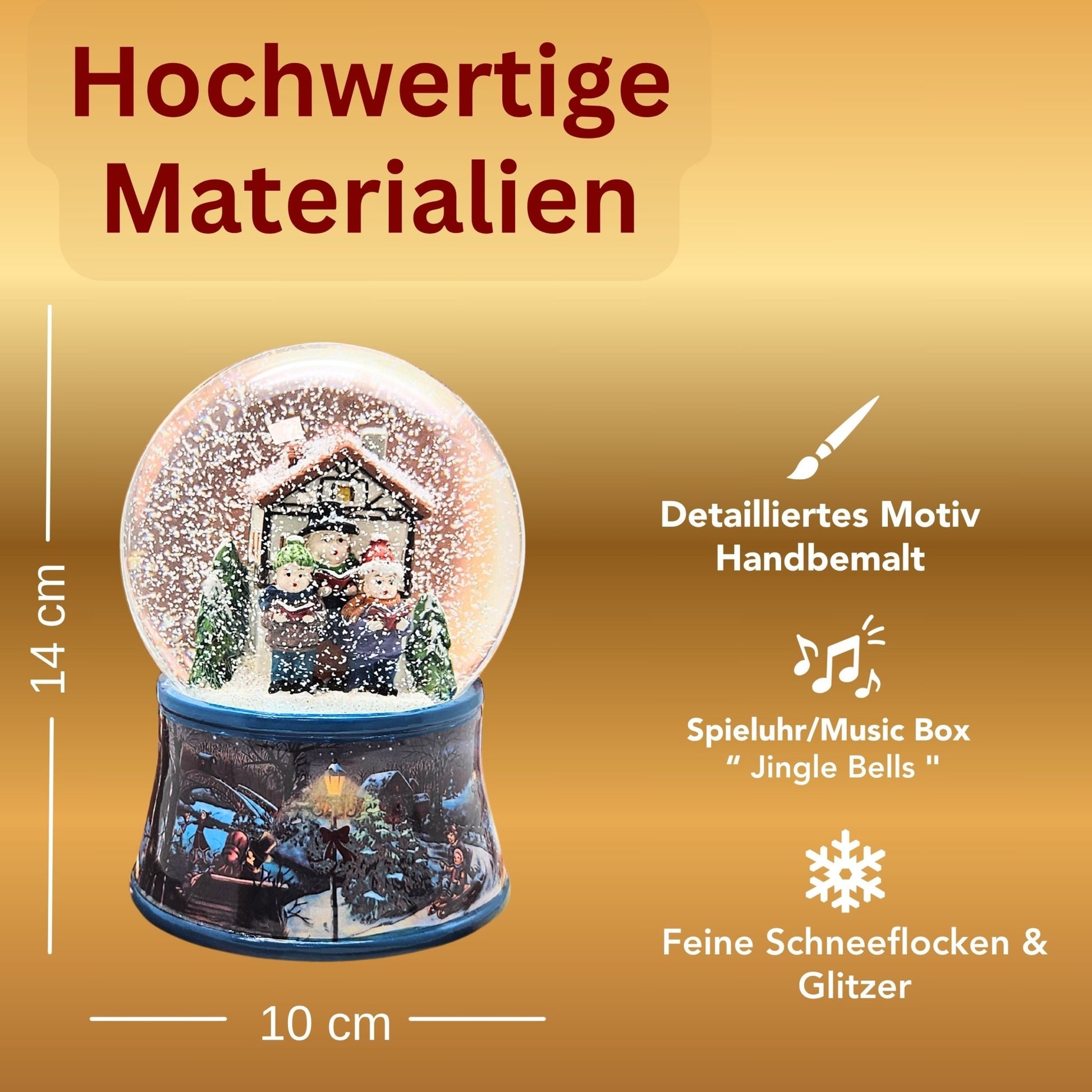 Nostalgische Schneekugel Weihnachtssinger vor Fachwerkhaus auf Sockel Eisläufer 100 mm Durchmesser mit Spieluhr - Schneekugelhaus
