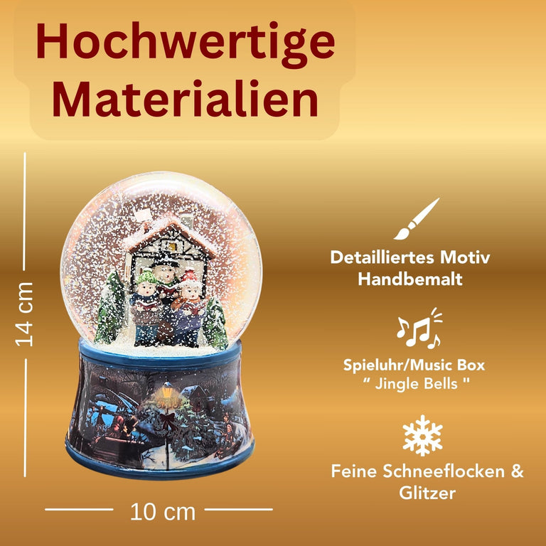 Nostalgische Schneekugel Weihnachtssinger vor Fachwerkhaus auf Sockel Eisläufer 100 mm Durchmesser mit Spieluhr - Schneekugelhaus