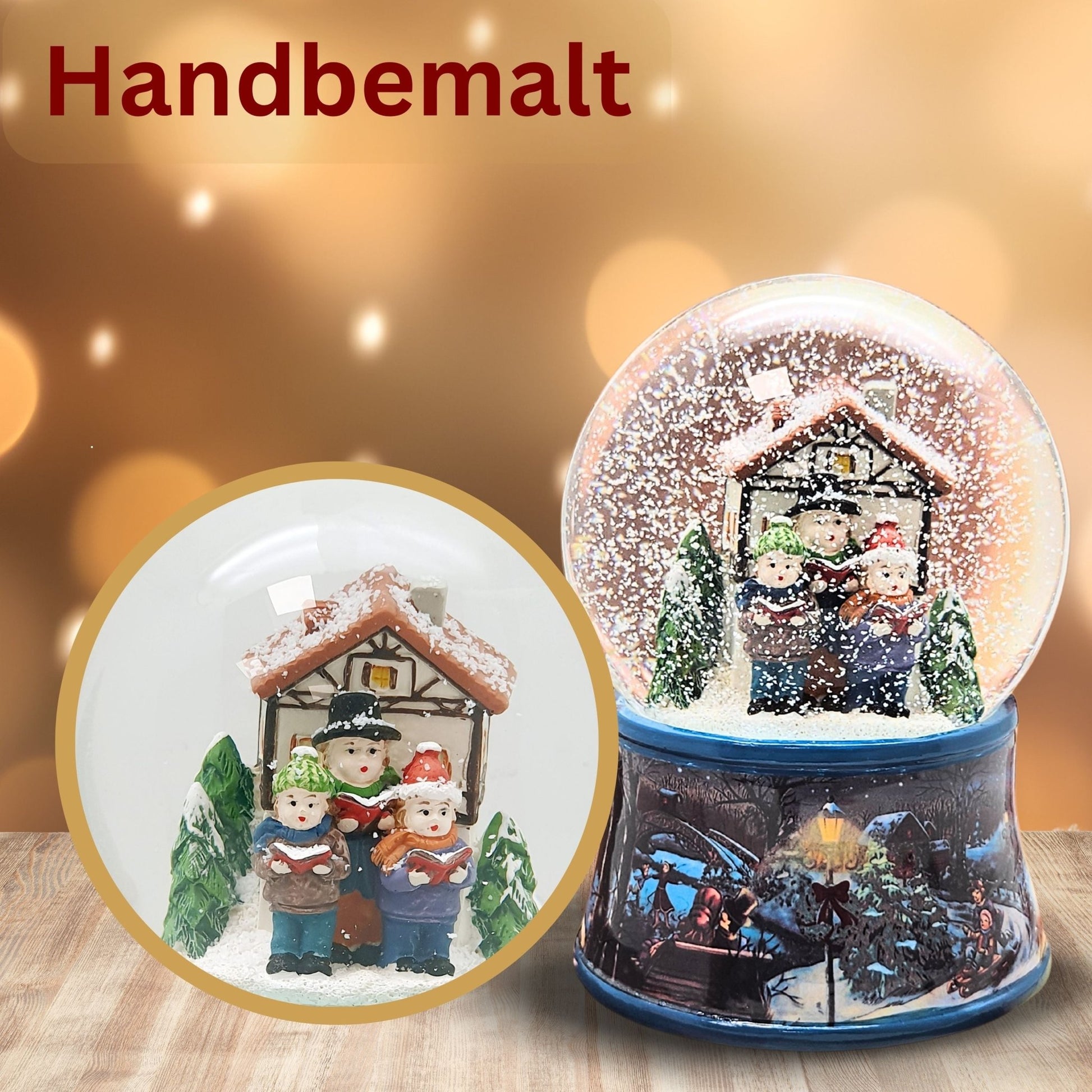 Nostalgische Schneekugel Weihnachtssinger vor Fachwerkhaus auf Sockel Eisläufer 100 mm Durchmesser mit Spieluhr - Schneekugelhaus