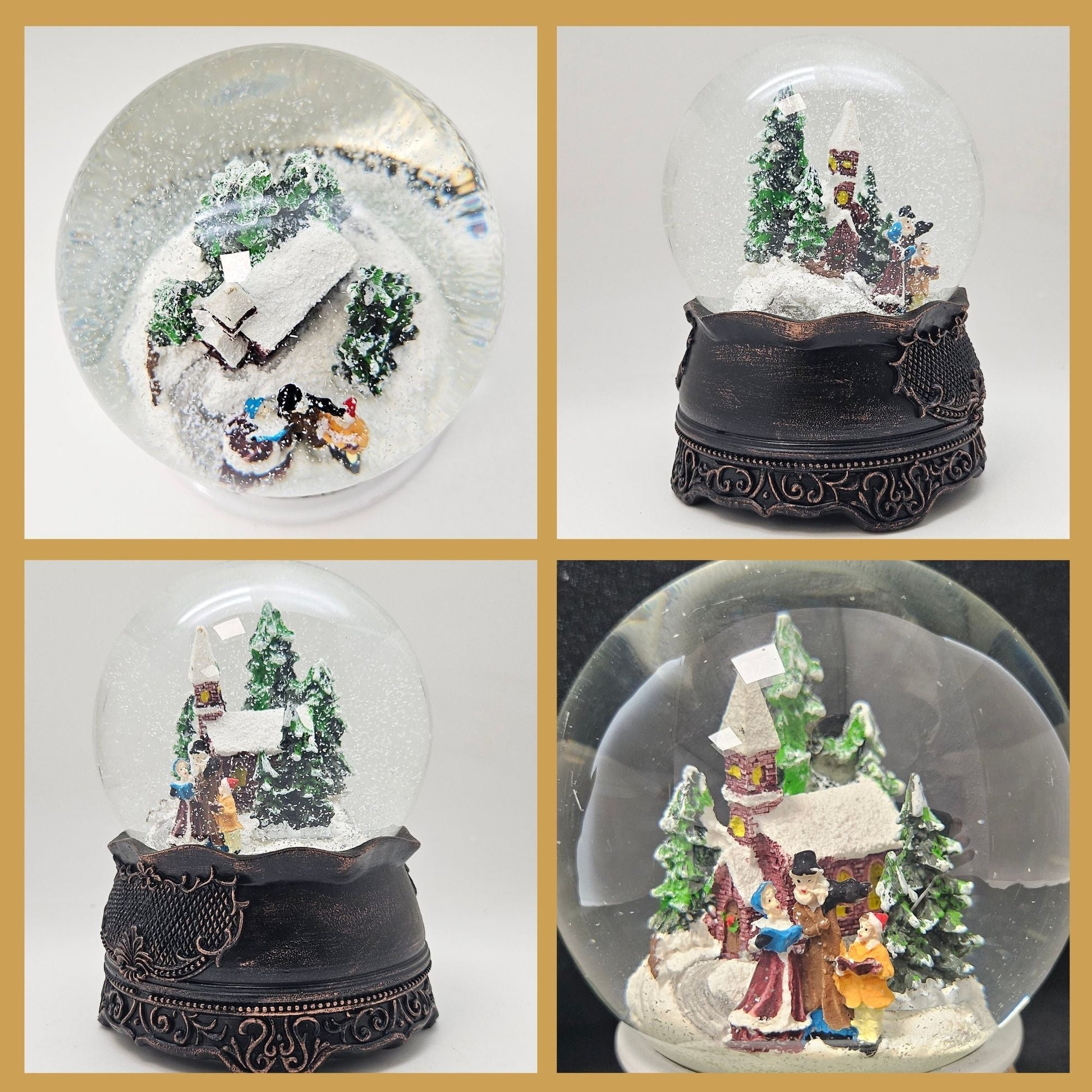 Nostalgische Schneekugel Weihnachtsspaziergang auf Ornamentsockel kupfer antik 100 mm Durchmesser mit Spieluhr - Schneekugelhaus