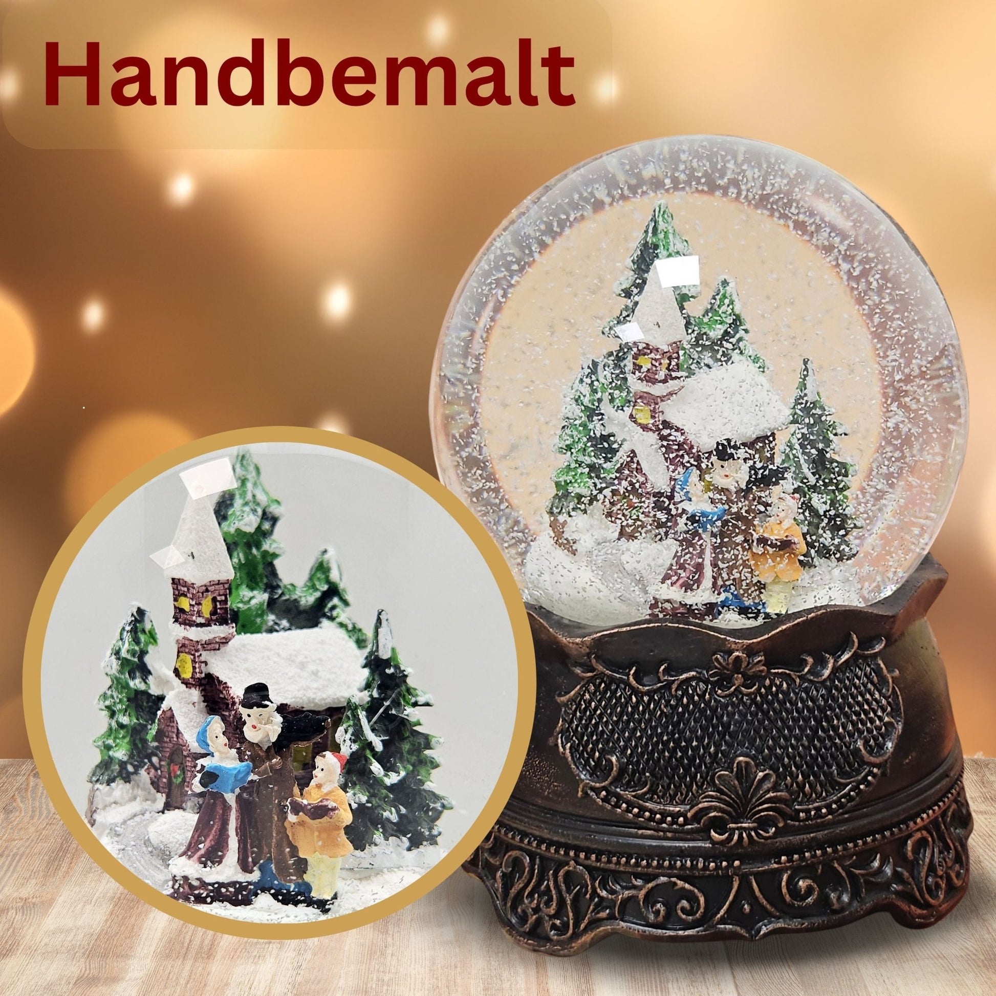 Nostalgische Schneekugel Weihnachtsspaziergang auf Ornamentsockel kupfer antik 100 mm Durchmesser mit Spieluhr - Schneekugelhaus