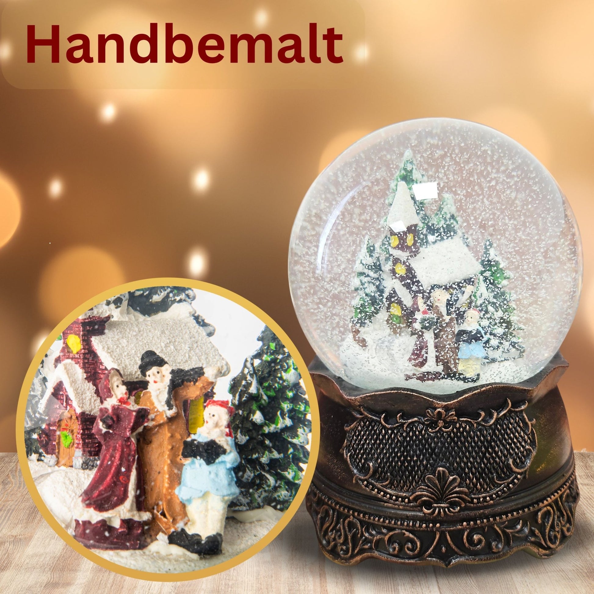 Nostalgische Schneekugel Weihnachtsspaziergang auf Ornamentsockel kupfer antik 100 mm Durchmesser mit Spieluhr - Schneekugelhaus