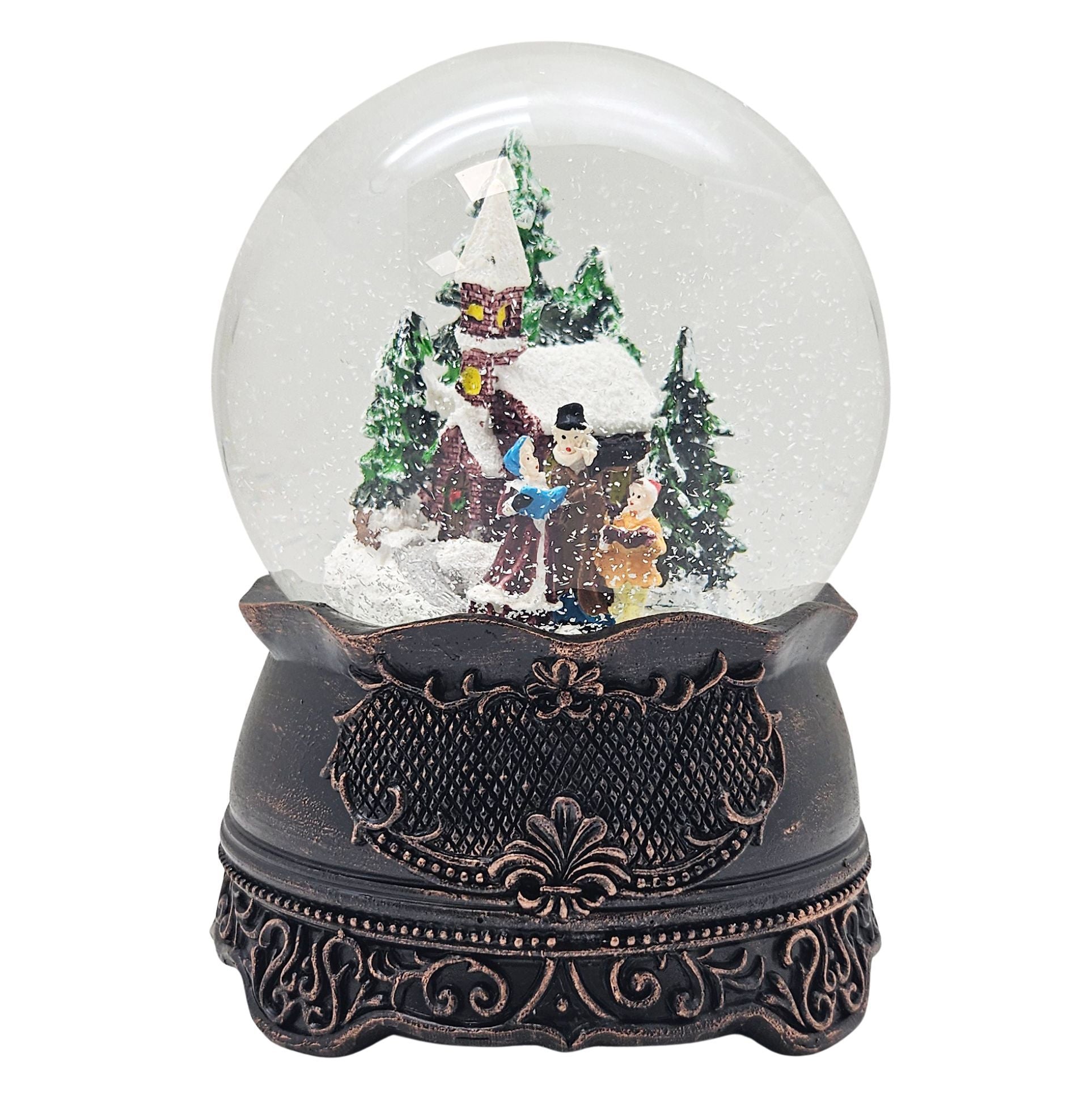 Nostalgische Schneekugel Weihnachtsspaziergang auf Ornamentsockel kupfer antik 100 mm Durchmesser mit Spieluhr - Schneekugelhaus