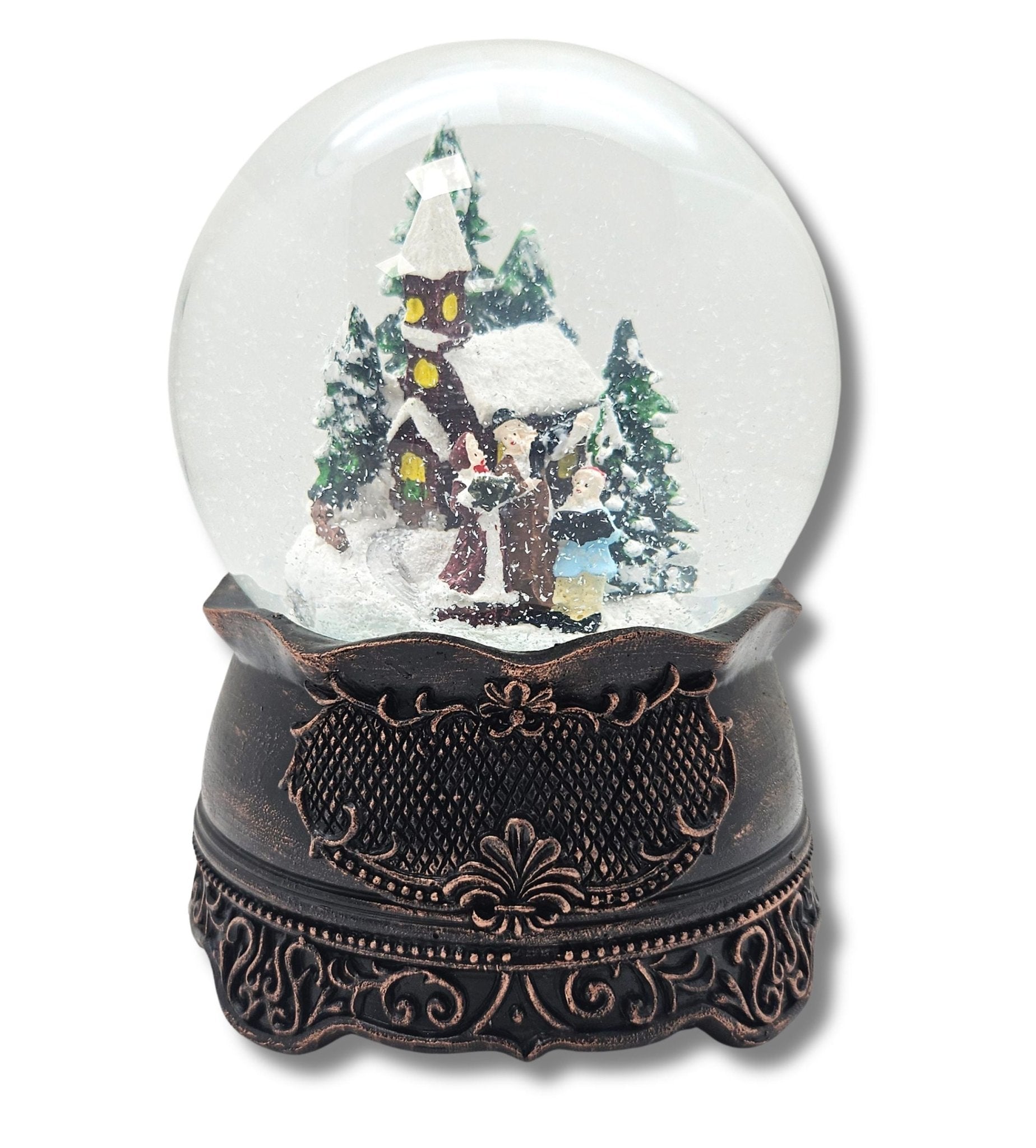 Nostalgische Schneekugel Weihnachtsspaziergang auf Ornamentsockel kupfer antik 100 mm Durchmesser mit Spieluhr - Schneekugelhaus