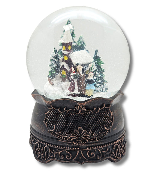 Nostalgische Schneekugel Weihnachtsspaziergang auf Ornamentsockel kupfer antik 100 mm Durchmesser mit Spieluhr - Schneekugelhaus