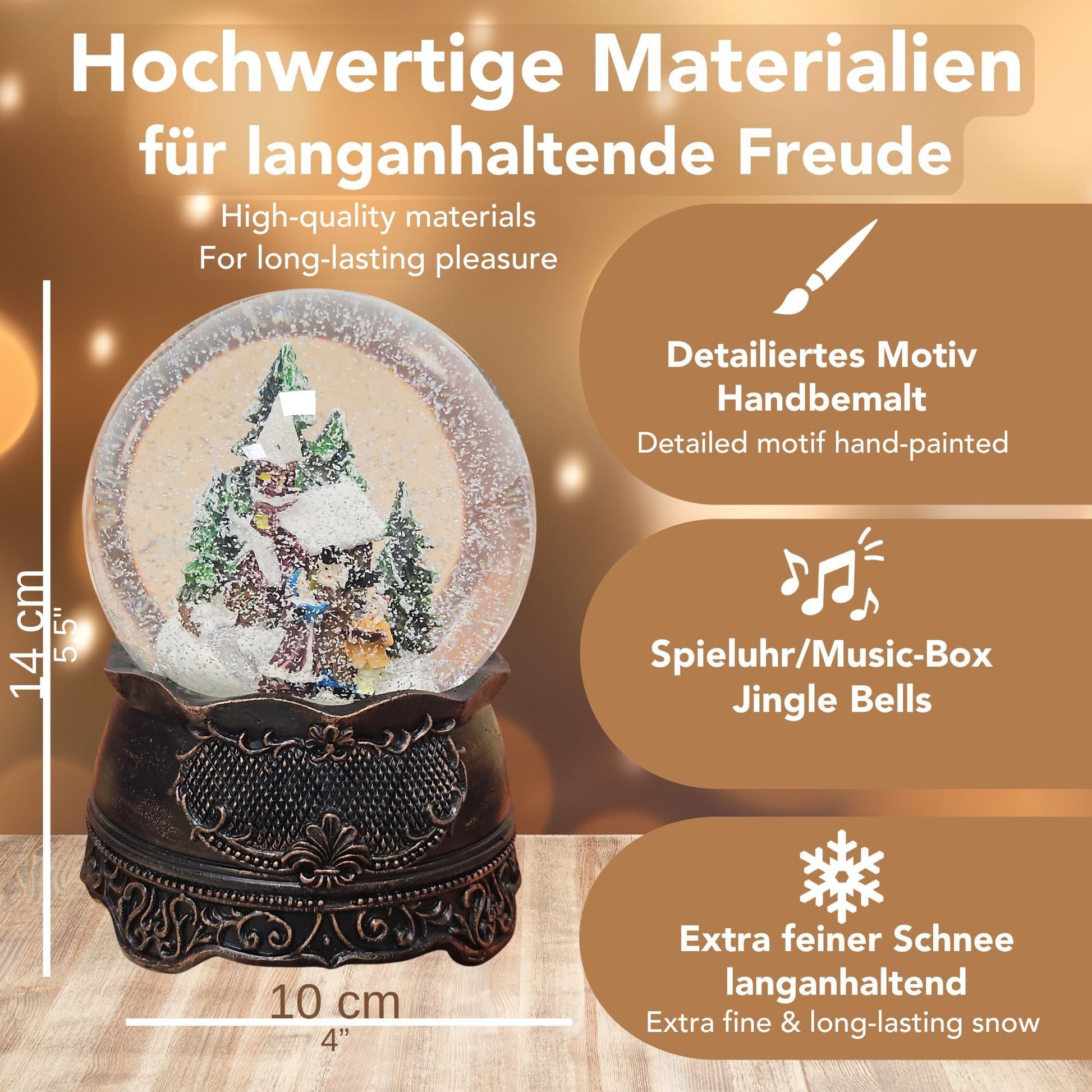Nostalgische Schneekugel Weihnachtsspaziergang auf Ornamentsockel kupfer antik 100 mm Durchmesser mit Spieluhr - Schneekugelhaus