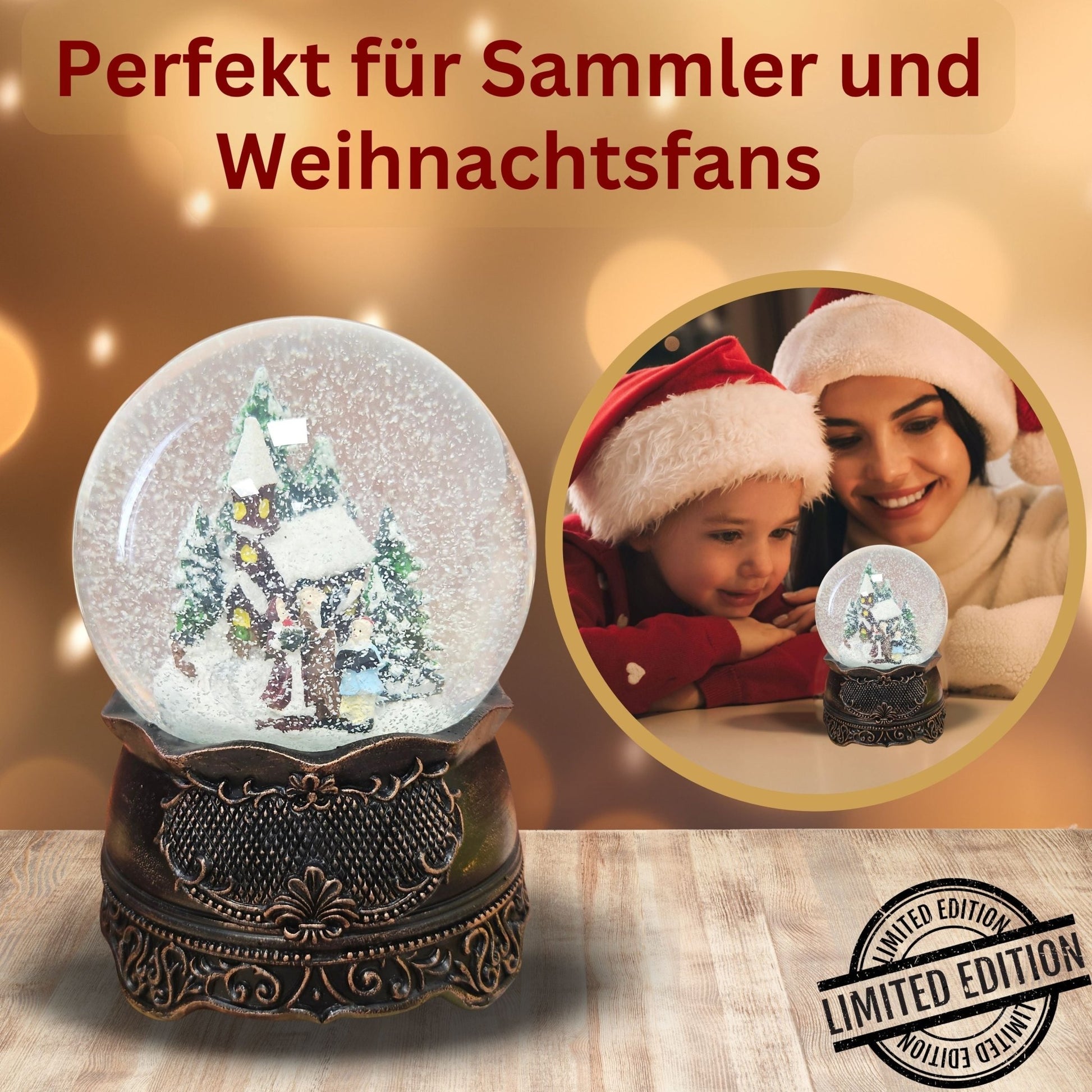 Nostalgische Schneekugel Weihnachtsspaziergang auf Ornamentsockel kupfer antik 100 mm Durchmesser mit Spieluhr - Schneekugelhaus