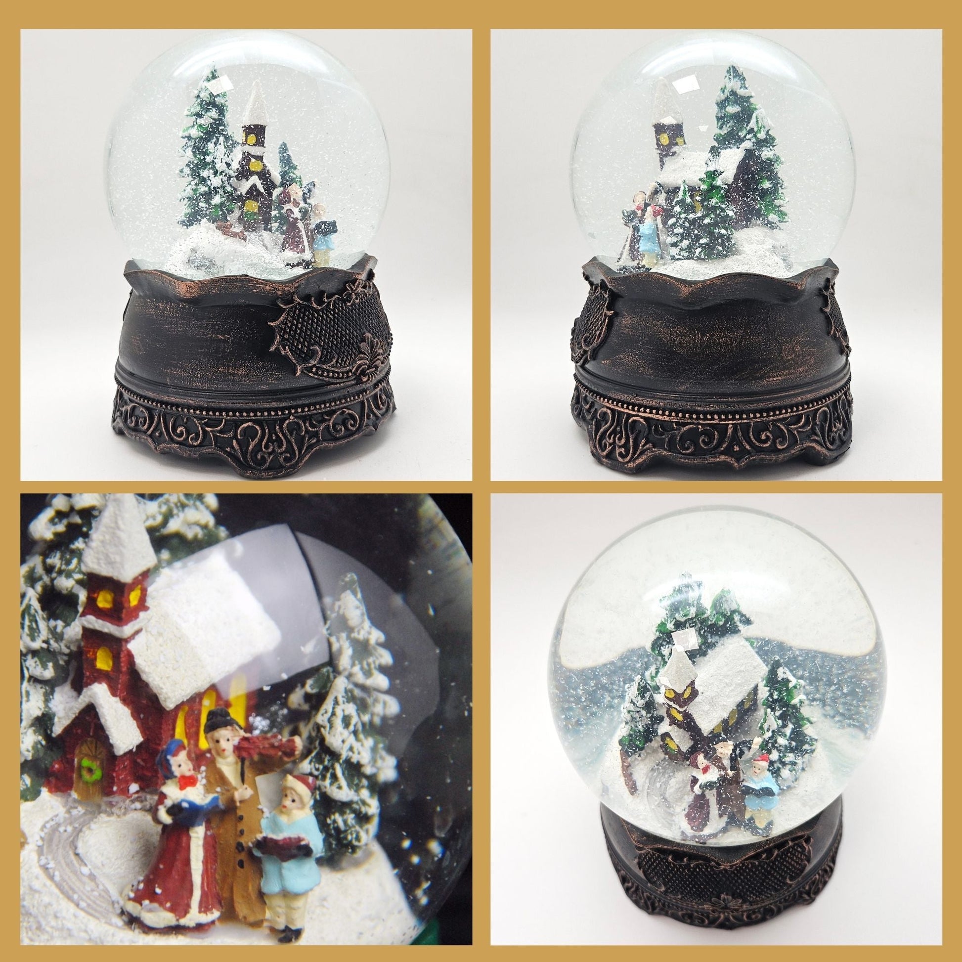 Nostalgische Schneekugel Weihnachtsspaziergang auf Ornamentsockel kupfer antik 100 mm Durchmesser mit Spieluhr - Schneekugelhaus