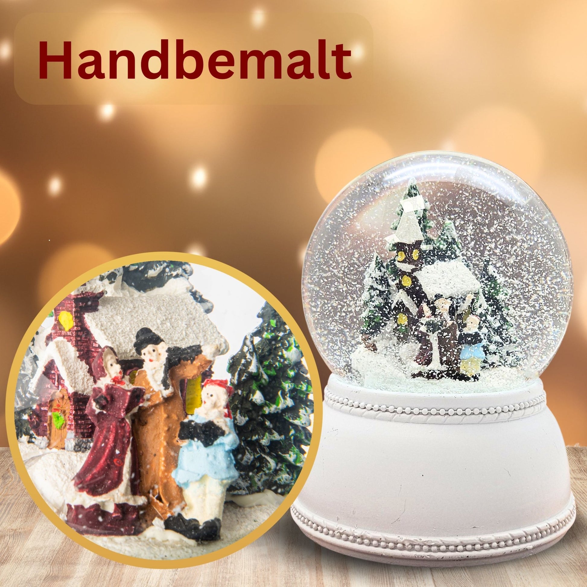 Nostalgische Schneekugel Weihnachtsspaziergang auf Sockel weiß Nostalgie 100 mm Durchmesser mit Spieluhr - Schneekugelhaus