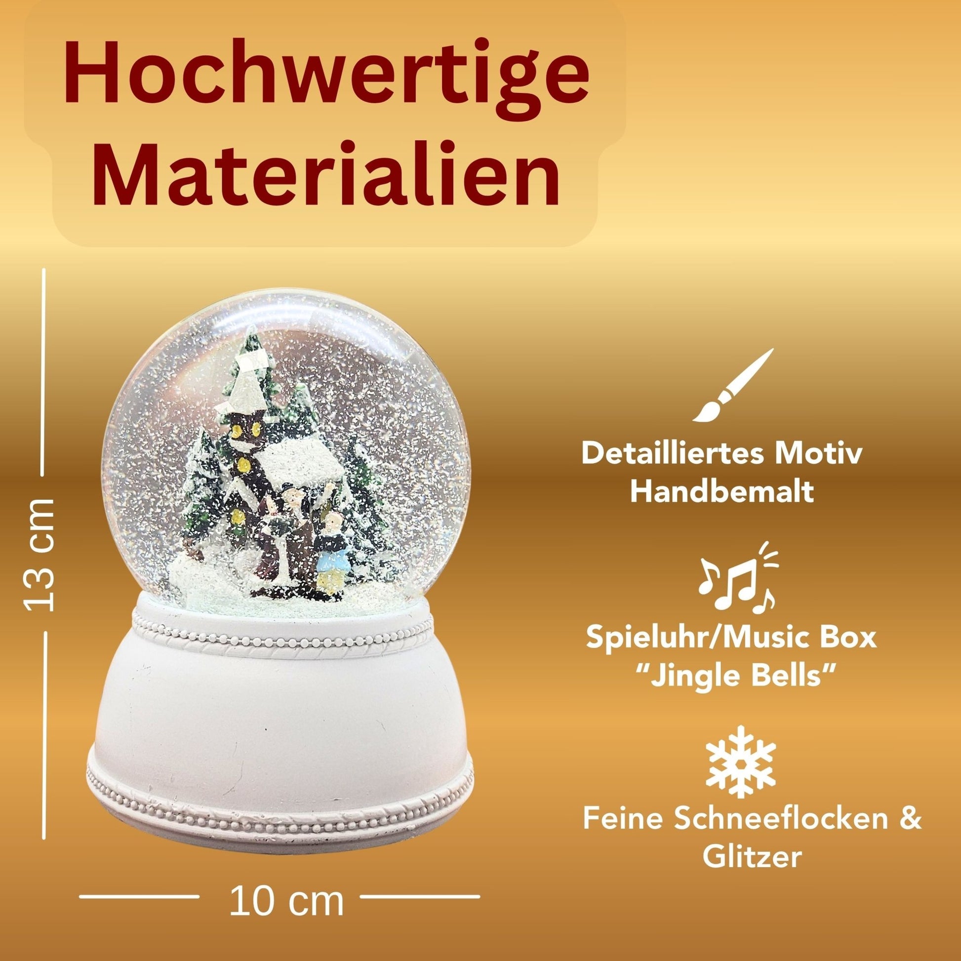 Nostalgische Schneekugel Weihnachtsspaziergang auf Sockel weiß Nostalgie 100 mm Durchmesser mit Spieluhr - Schneekugelhaus