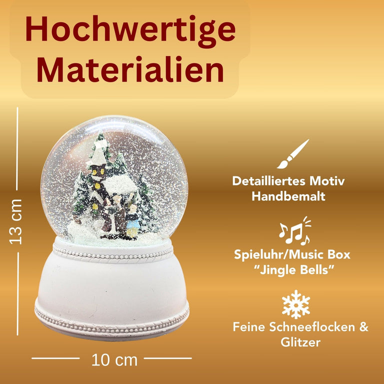 Nostalgische Schneekugel Weihnachtsspaziergang auf Sockel weiß Nostalgie 100 mm Durchmesser mit Spieluhr - Schneekugelhaus