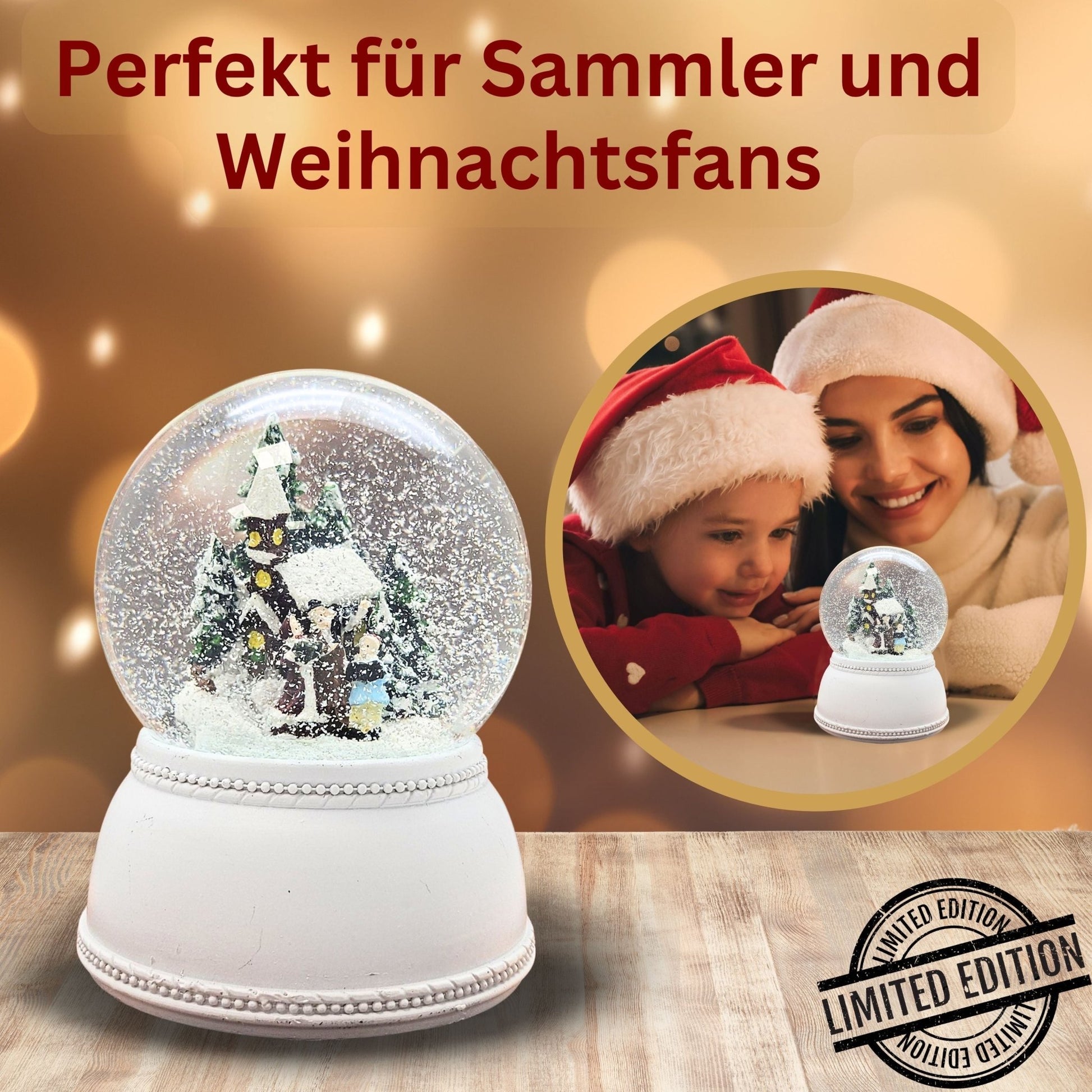 Nostalgische Schneekugel Weihnachtsspaziergang auf Sockel weiß Nostalgie 100 mm Durchmesser mit Spieluhr - Schneekugelhaus