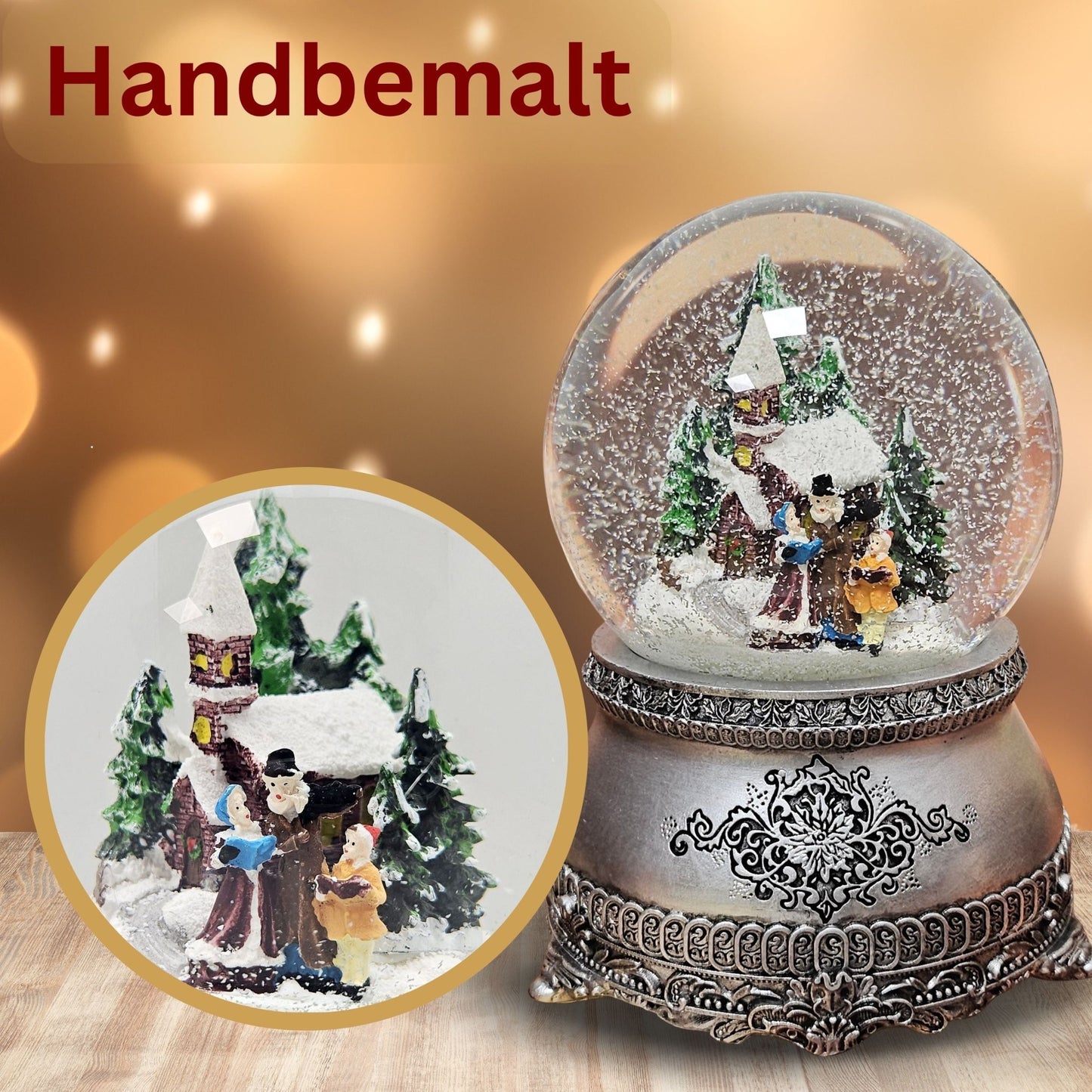 Nostalgische Schneekugel Weihnachtsspaziergang auf Zinnsockel 100 mm Durchmesser mit Spieluhr - Schneekugelhaus