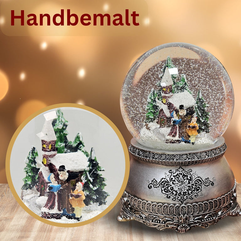Nostalgische Schneekugel Weihnachtsspaziergang auf Zinnsockel 100 mm Durchmesser mit Spieluhr - Schneekugelhaus