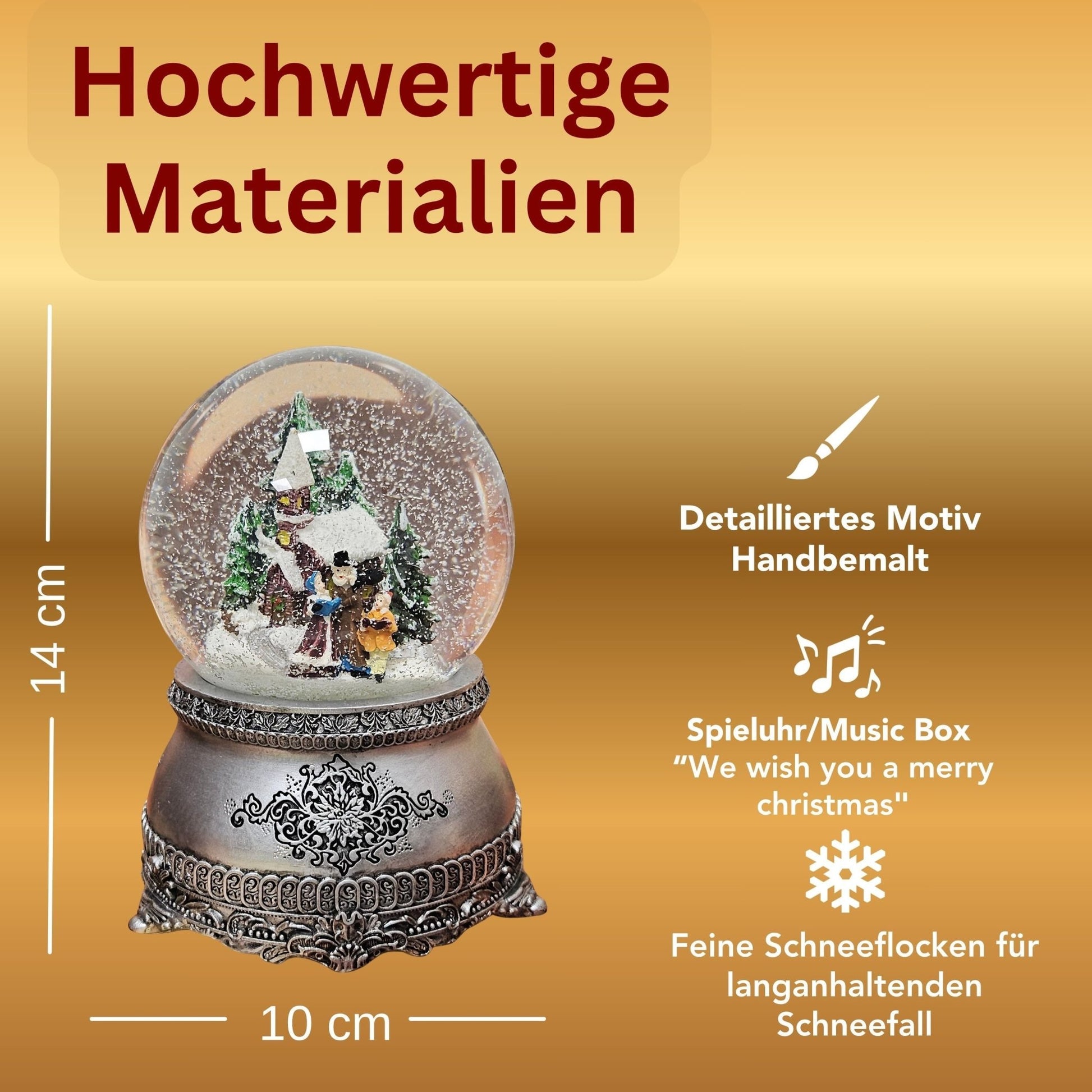 Nostalgische Schneekugel Weihnachtsspaziergang auf Zinnsockel 100 mm Durchmesser mit Spieluhr - Schneekugelhaus