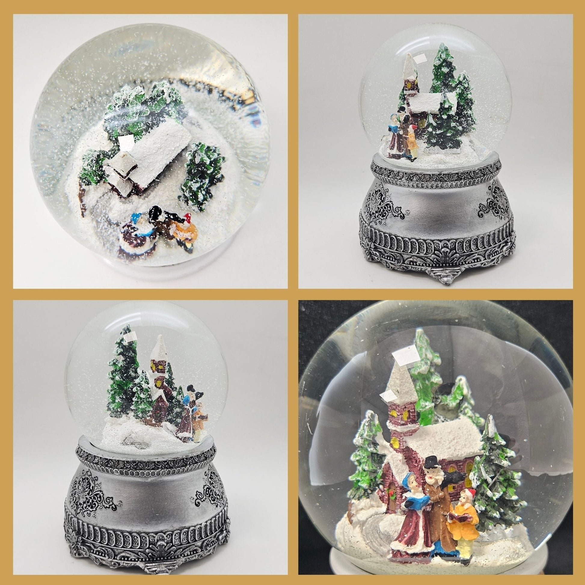 Nostalgische Schneekugel Weihnachtsspaziergang auf Zinnsockel 100 mm Durchmesser mit Spieluhr - Schneekugelhaus