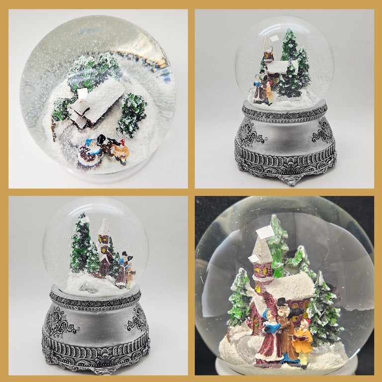 Nostalgische Schneekugel Weihnachtsspaziergang auf Zinnsockel 100 mm Durchmesser mit Spieluhr - Schneekugelhaus