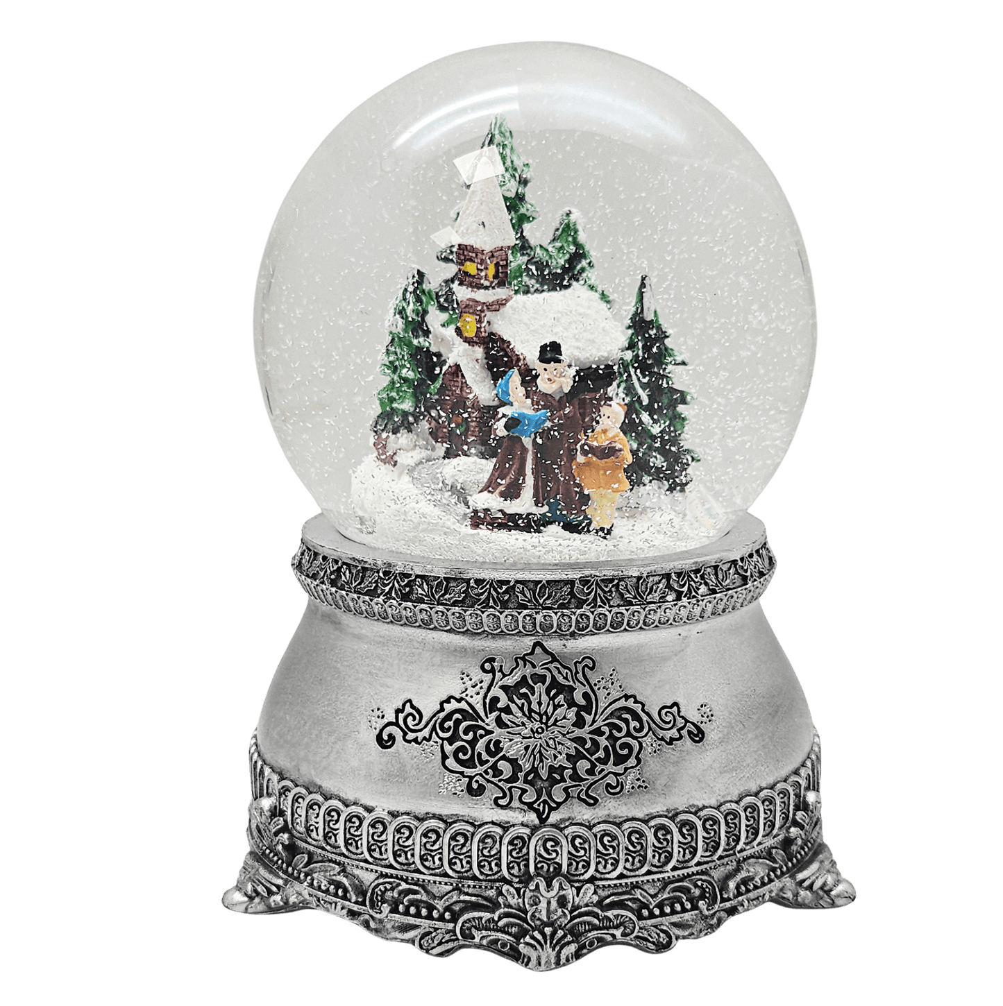 Nostalgische Schneekugel Weihnachtsspaziergang auf Zinnsockel 100 mm Durchmesser mit Spieluhr - Schneekugelhaus