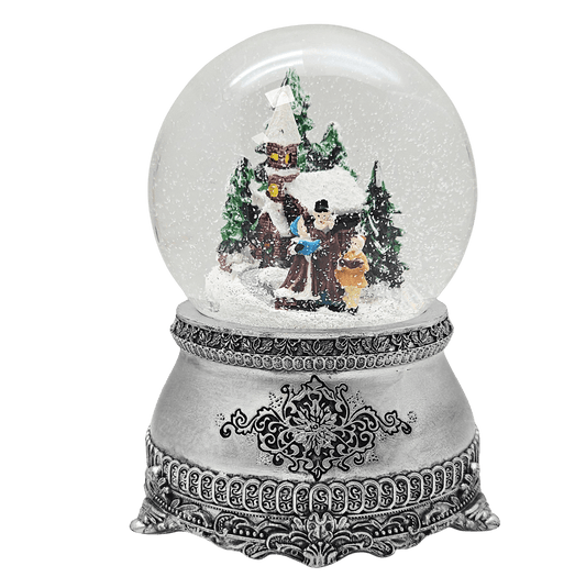 Nostalgische Schneekugel Weihnachtsspaziergang auf Zinnsockel 100 mm Durchmesser mit Spieluhr - Schneekugelhaus