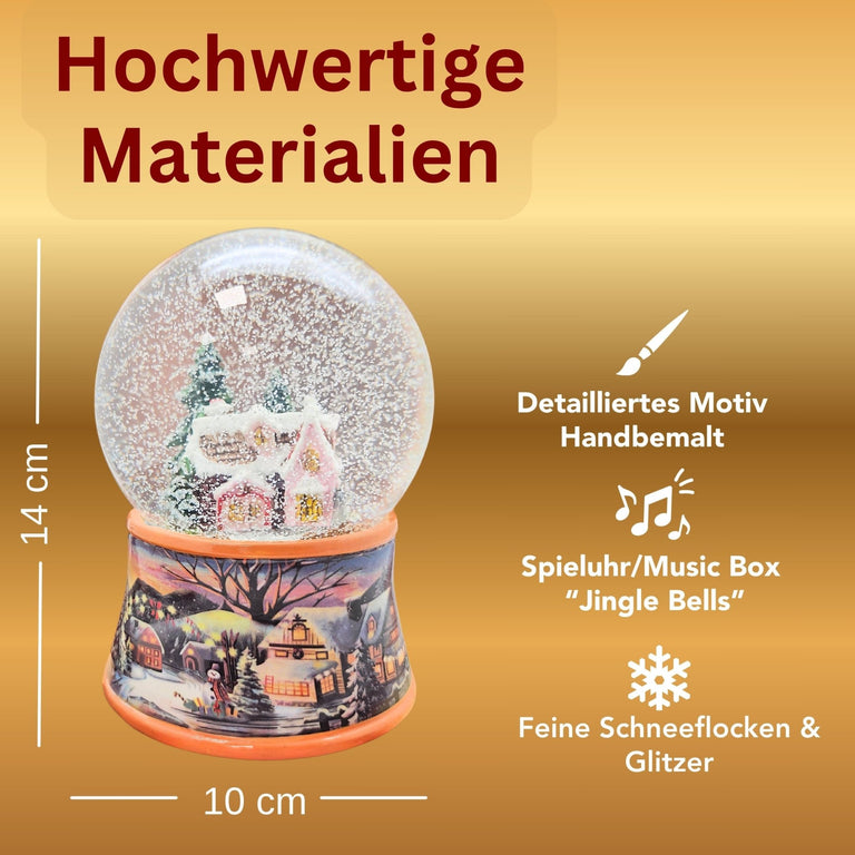 Nostalgische Schneekugel Zuckerbäckerhaus auf Sockel Winterlandschaft 100 mm Durchmesser mit Spieluhr - Schneekugelhaus