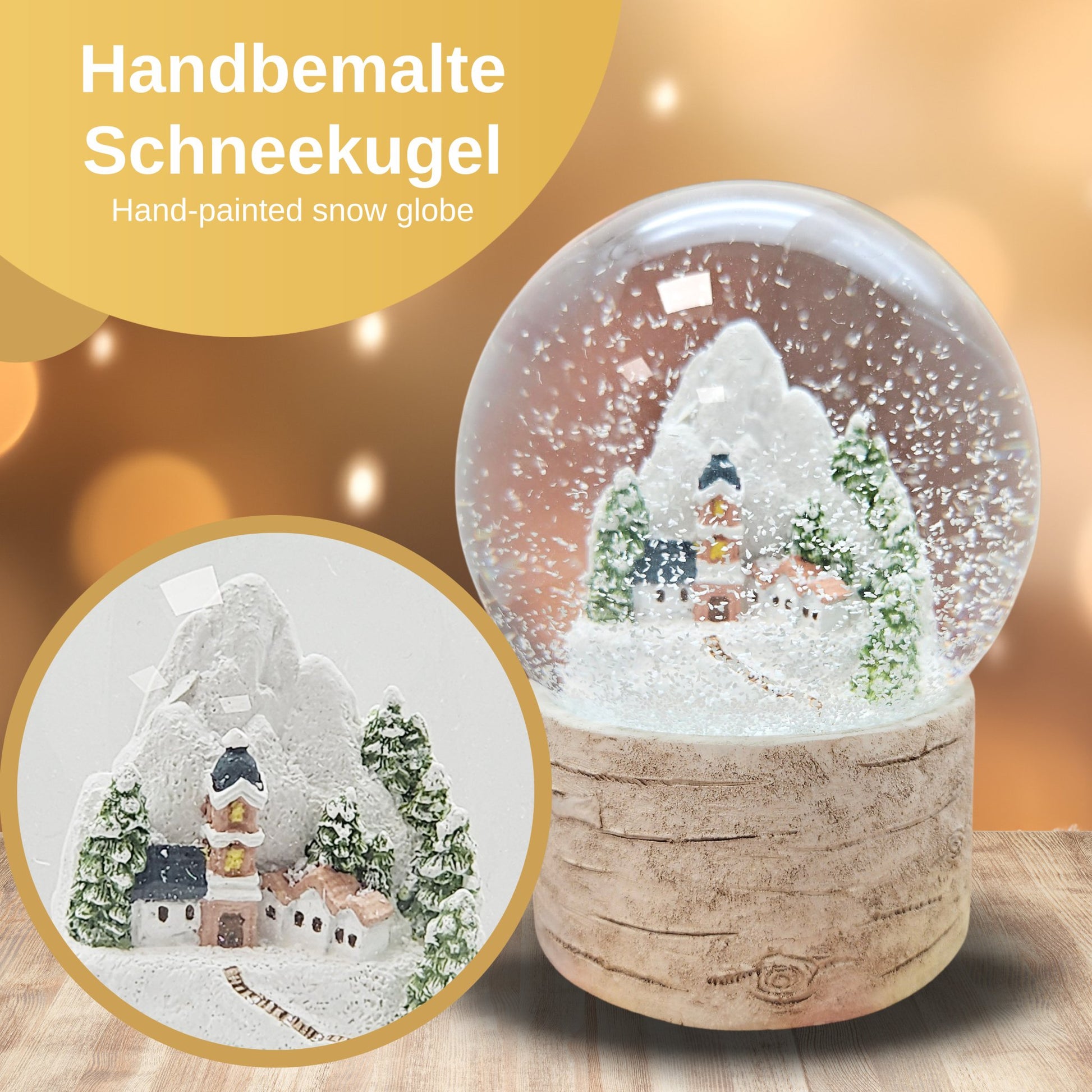 Schneekugel Bergdorf auf Holzsockel "Country - Line" 10 cm Durchmesser - Schneekugelhaus