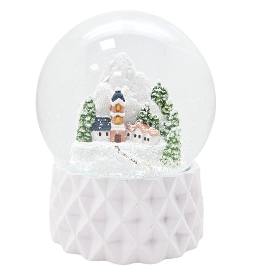 Schneekugel Bergdorf auf Sockel weiß kubisch "PURE - Line" 10 cm Durchmesser - Schneekugelhaus