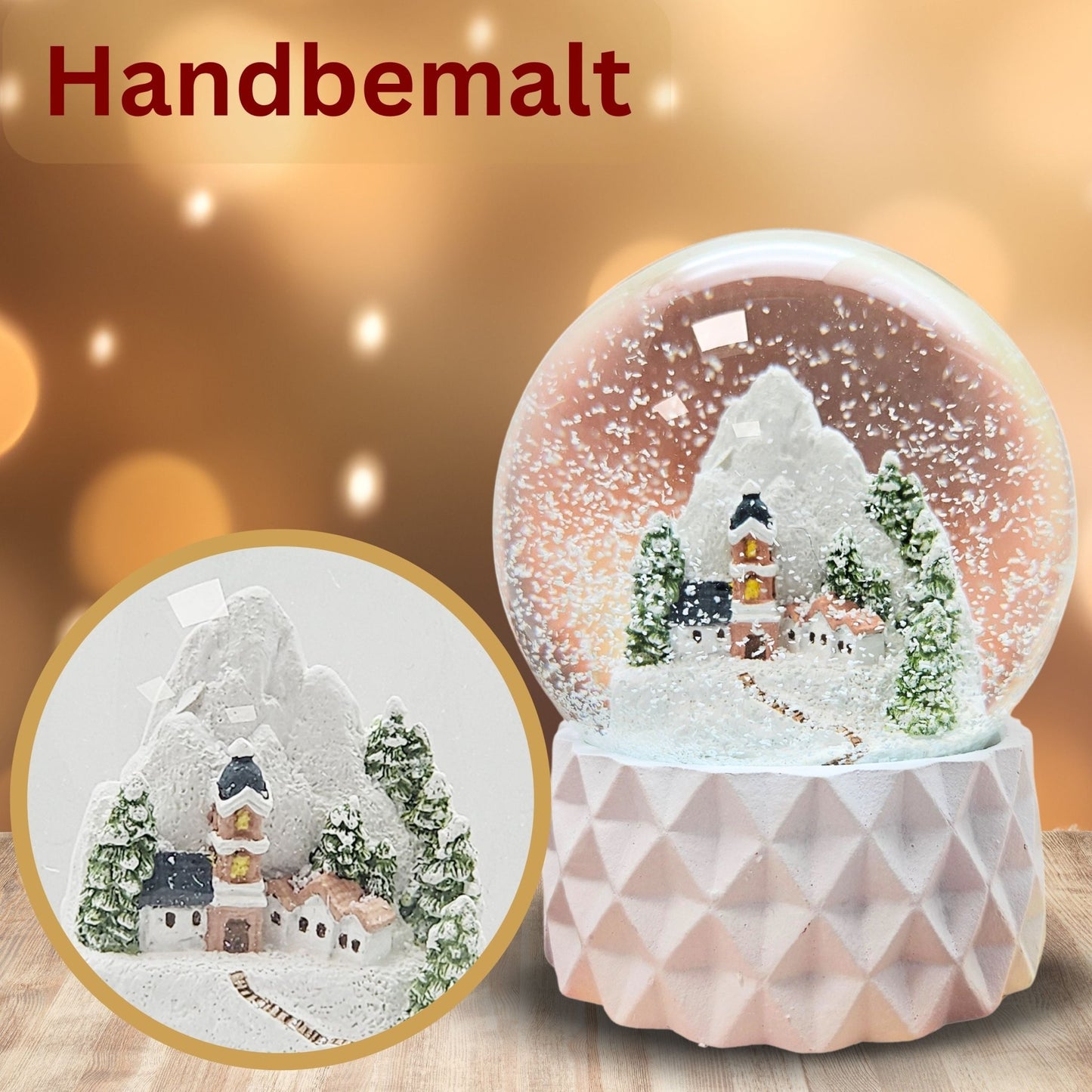 Schneekugel Bergdorf auf Sockel weiß kubisch "PURE - Line" 10 cm Durchmesser - Schneekugelhaus