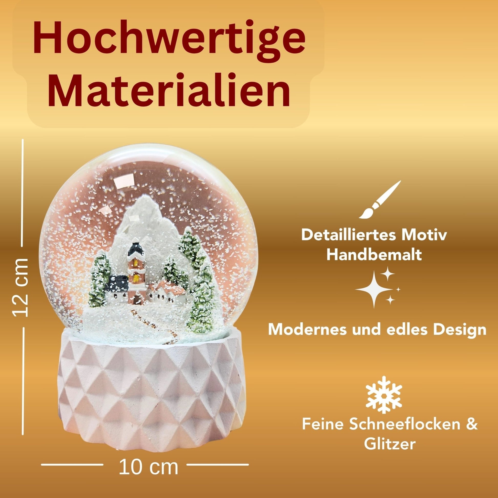 Schneekugel Bergdorf auf Sockel weiß kubisch "PURE - Line" 10 cm Durchmesser - Schneekugelhaus