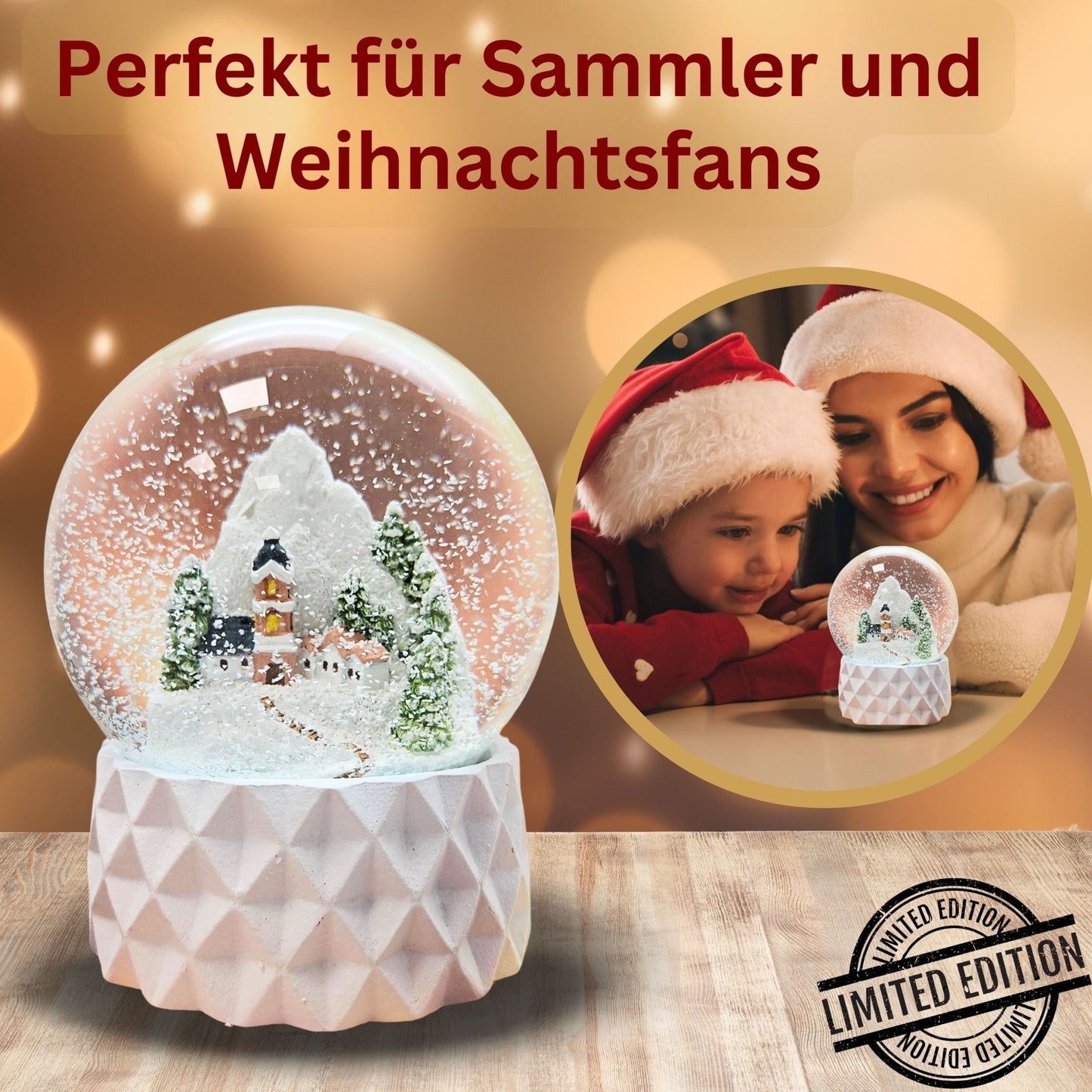 Schneekugel Bergdorf auf Sockel weiß kubisch "PURE - Line" 10 cm Durchmesser - Schneekugelhaus