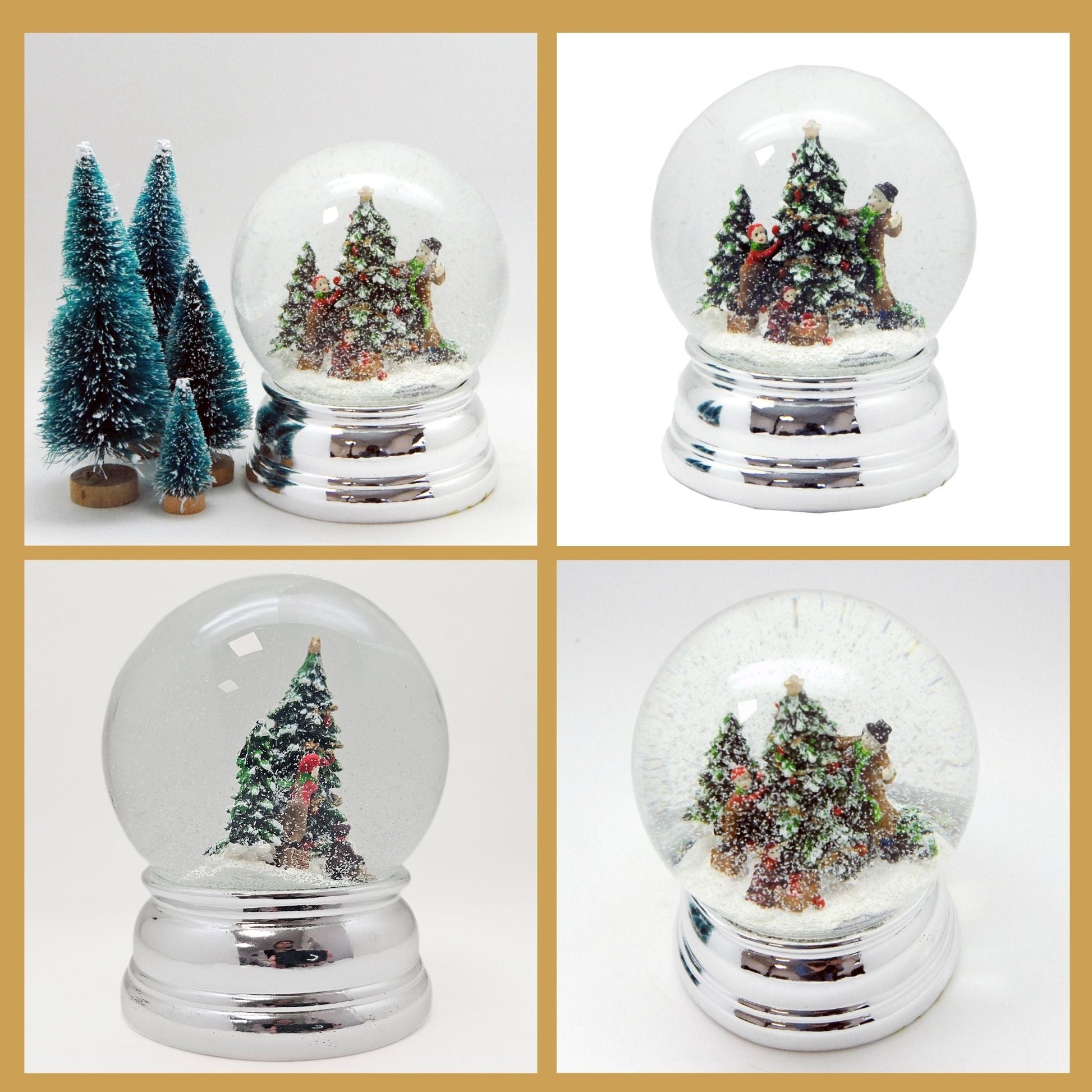 Schneekugel Christbaum schmücken auf Sockel silber rund geschwungen 10 cm Durchmesser - Schneekugelhaus