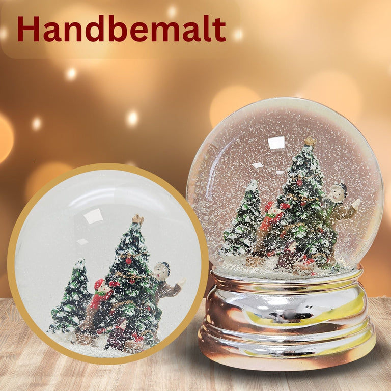 Schneekugel Christbaum schmücken auf Sockel silber rund geschwungen 10 cm Durchmesser - Schneekugelhaus