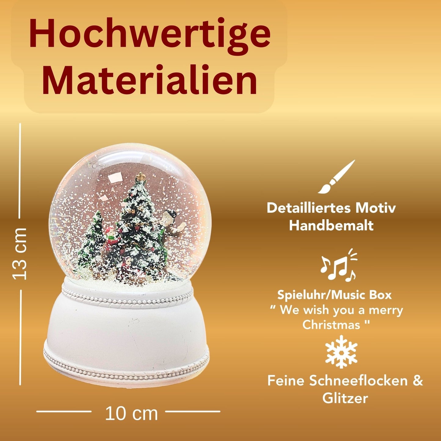 Schneekugel Christbaum schmücken auf Sockel weiß nostalgisch 100 mm Durchmesser mit Spieluhr - Schneekugelhaus