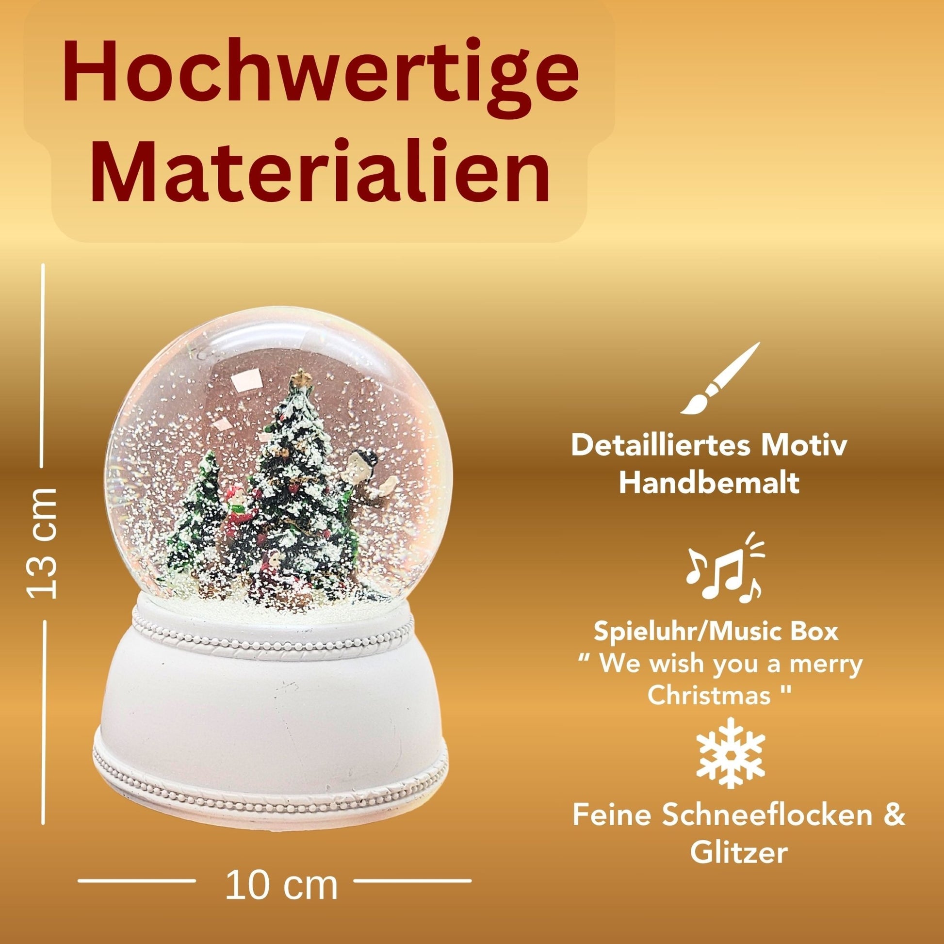Schneekugel Christbaum schmücken auf Sockel weiß nostalgisch 100 mm Durchmesser mit Spieluhr - Schneekugelhaus