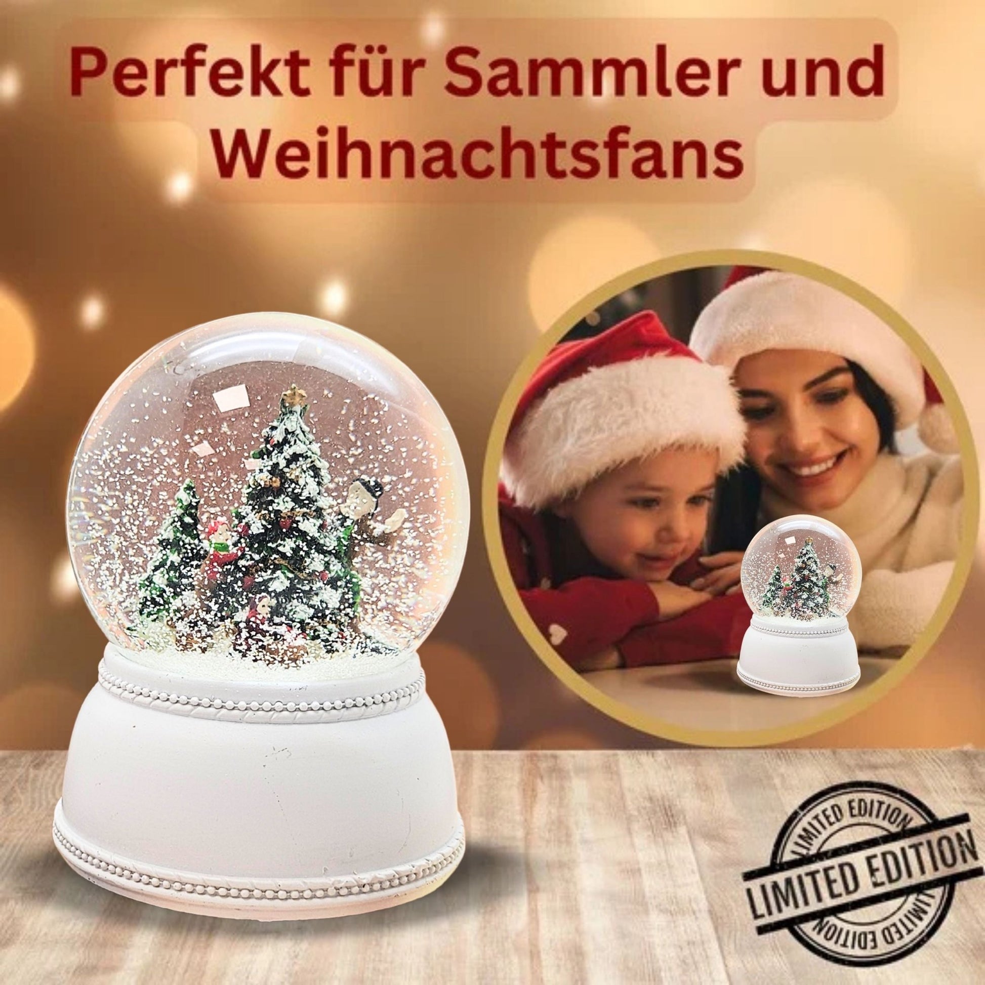 Schneekugel Christbaum schmücken auf Sockel weiß nostalgisch 100 mm Durchmesser mit Spieluhr - Schneekugelhaus